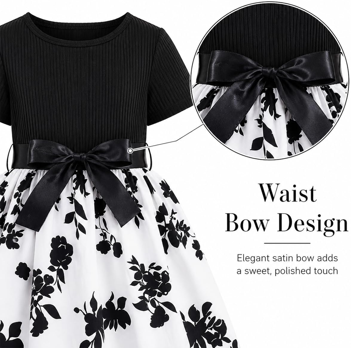 Vitianalie Girls Floral A-Line Dress, Short Sleeve Twirl Dress with Bow Waist, Kids Casual Summer Dress 4-8Y