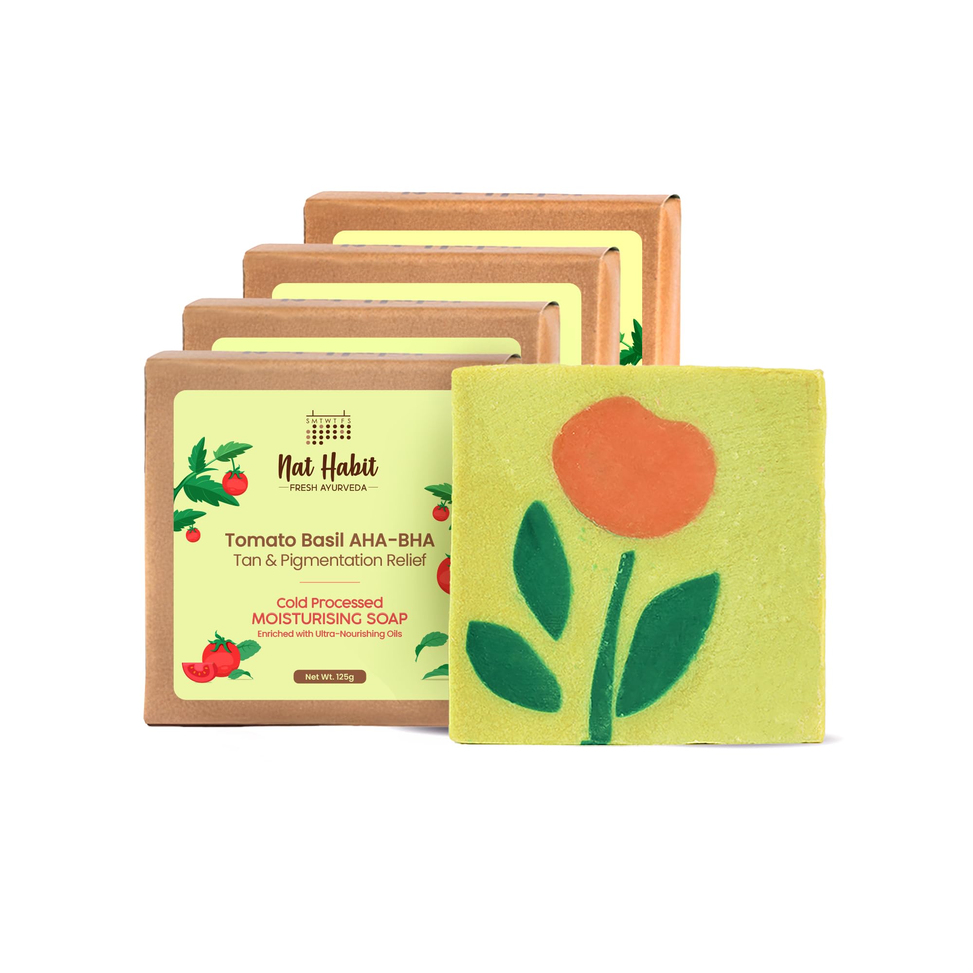 Nat Habit Moisturising Soap, Cold Processed Tomato Basil AHA-BHA For Gentle, Non-Drrying & Soft Skin, Pack of 4 X 125g-image-30