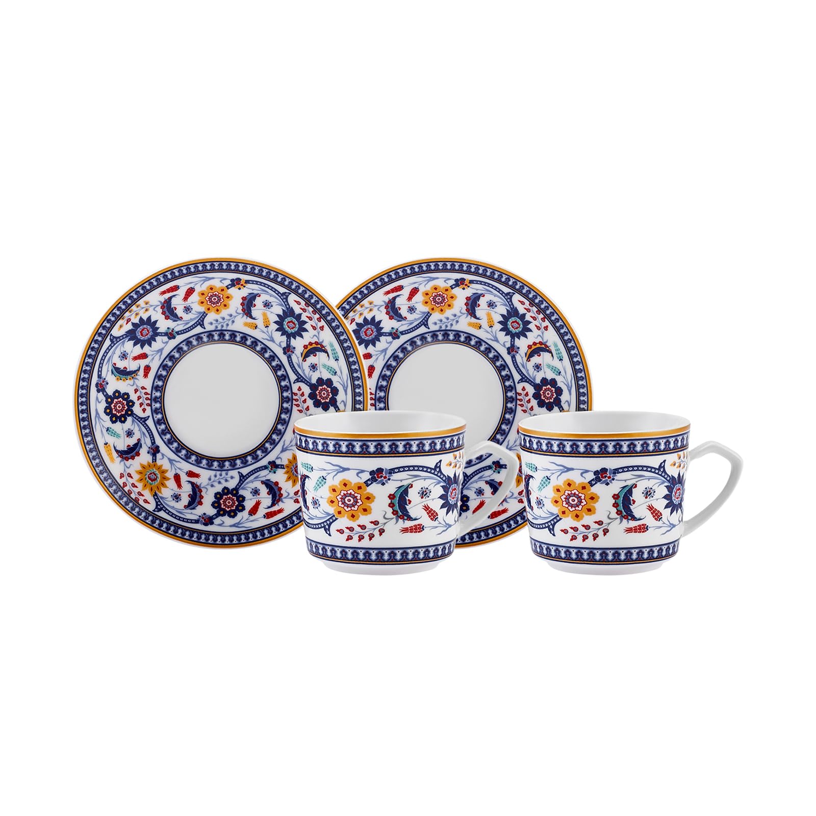 KARACA Turkish Coffee Espresso Mocha Cappuccino Cups Made of Porcelain Cup Set for 2 Person Traditional Turkish Pattern Dishwasher Safe- 4 Pieces 80ml