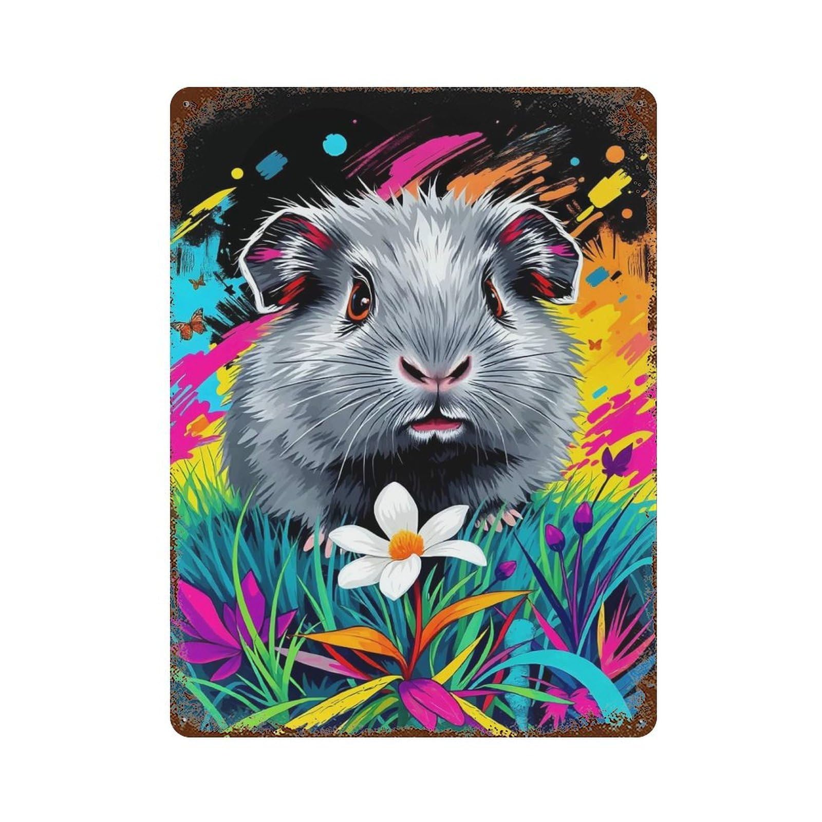 Guinea Pig in Flowers Decorative Tin Sign 15.7"x11.8", for Bistro, Counter And Cafe Decor, Classic Wall Plaque