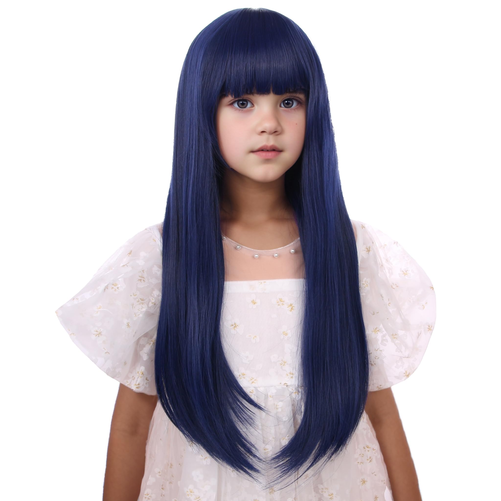 Edivd Dark Blue Wig Long Navy Blue Wig with Air Bangs Long Straight Wigs Heat Resistant Synthetic Wigs with Cap (Small Size)