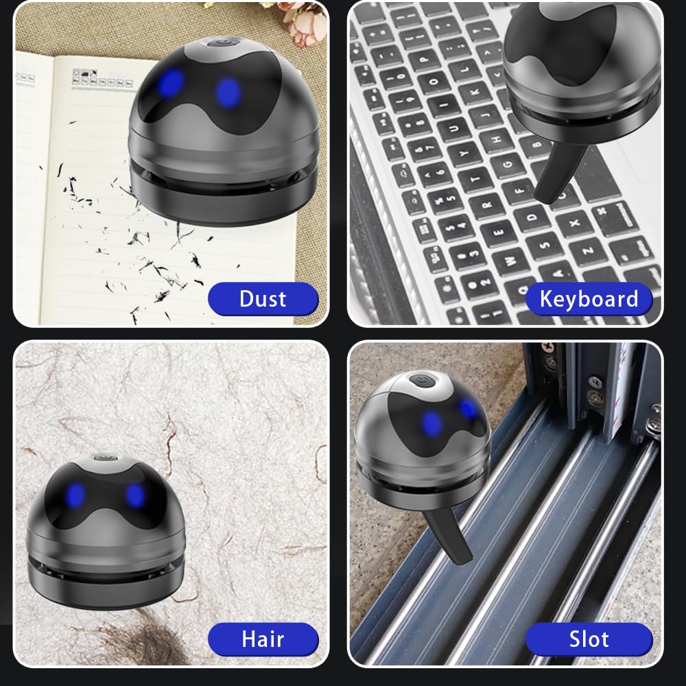 Mini aspirapolvere da scrivania, senza fili e portatile, per spazzare polvere e briciole, simpatico robot in stile cartone animato, USB tipo C, facile da rimuovere polvere, capelli, peli di animali