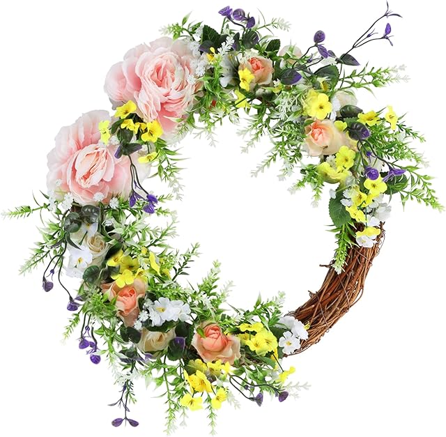 Artificial Peony Wreath Handmade Flower Wreath with Green Leaves Spring Grapevine Wreath Rose Wreaths Wall Hanging Pendant for Door Farmhouse Party Wedding Home Wall Hanging Decor (40CM)