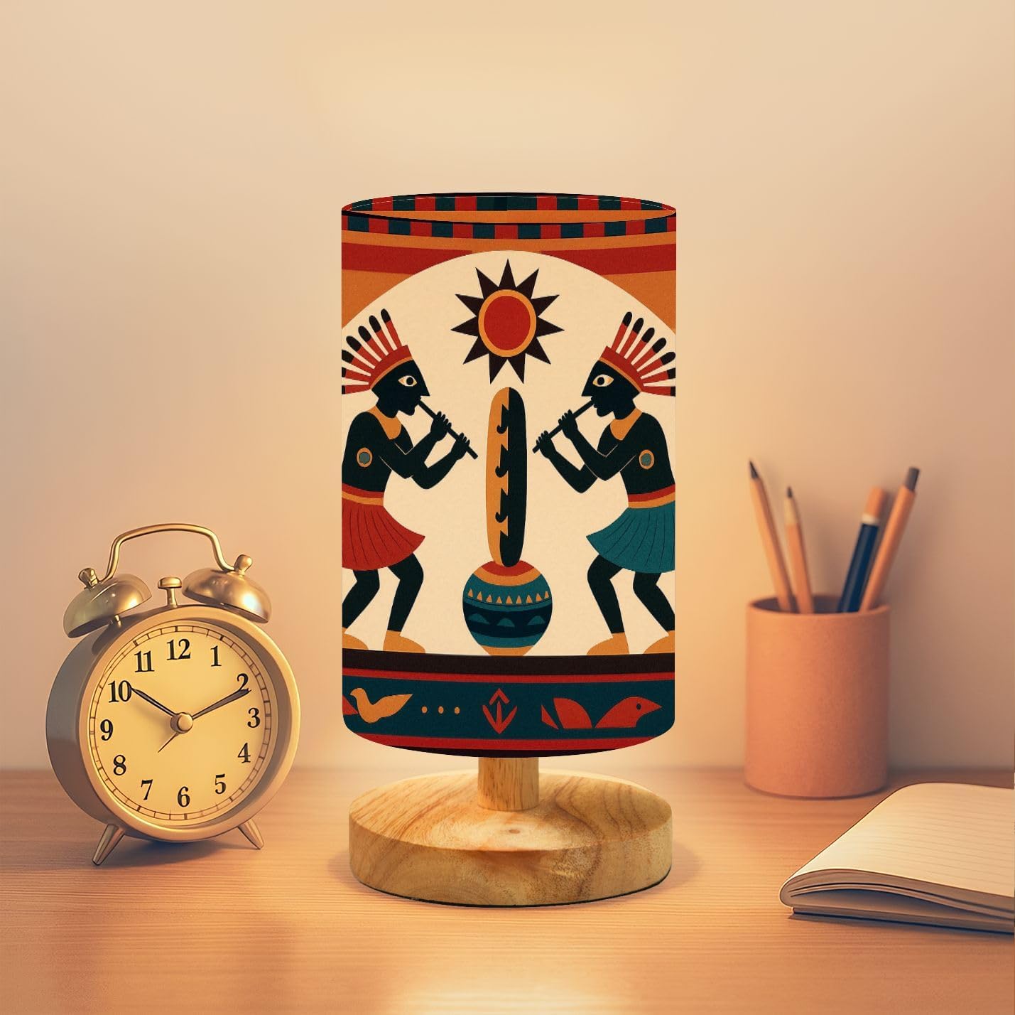 Bedside Table Lamp Kokopelli Southwestern Native American Indian Ancient Ethnic Tribal Dimmable Desk Lamp with Flaxen Fabric Shade Wood Base Nightstand Small Lamp for Bedroom Living Room Home Gift