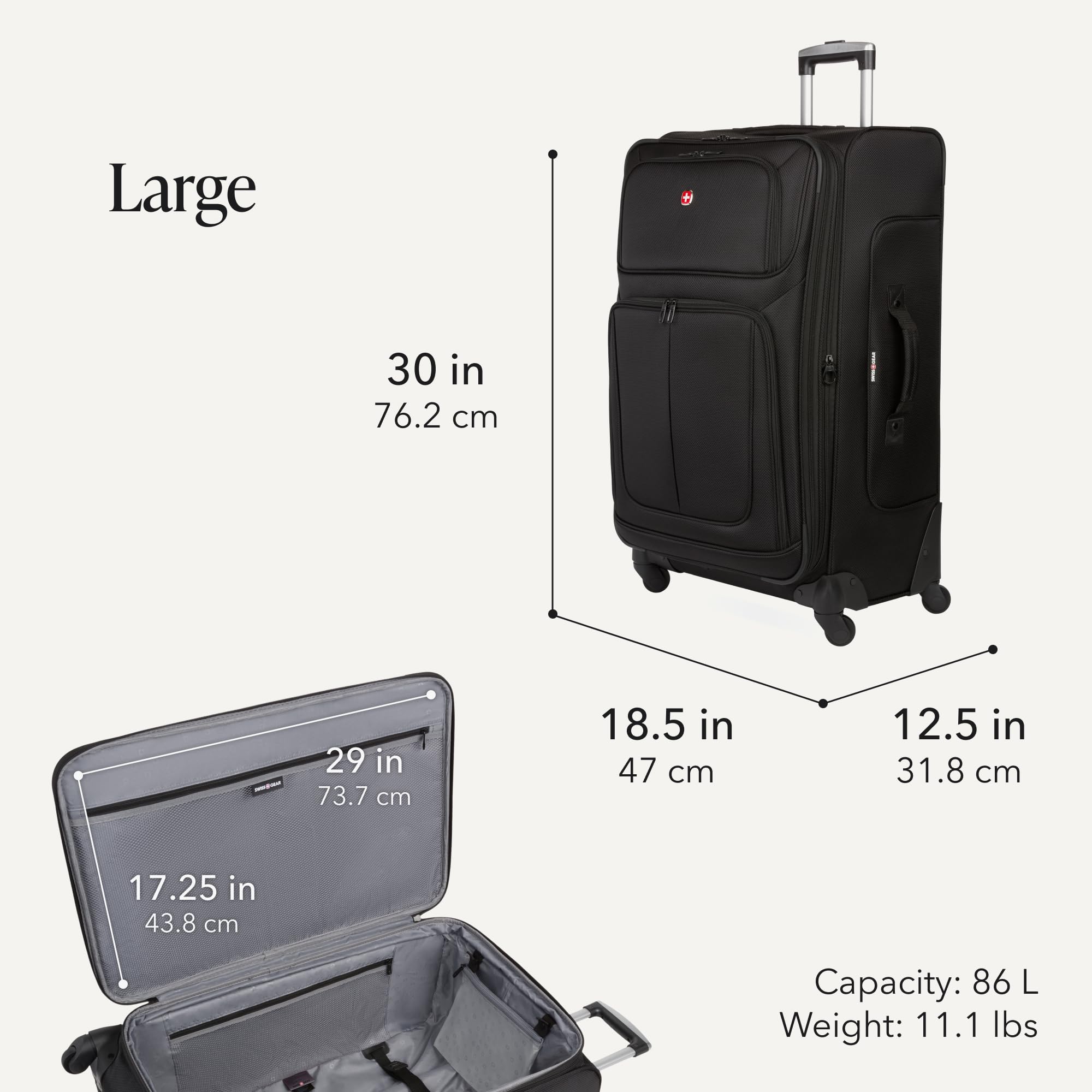 SWISSGEAR Sion Softside Expandable Spinner Luggage Durable Lightweight Travel Suitcase, Black, 2-Piece Set (Carry-On/Large) view 3
