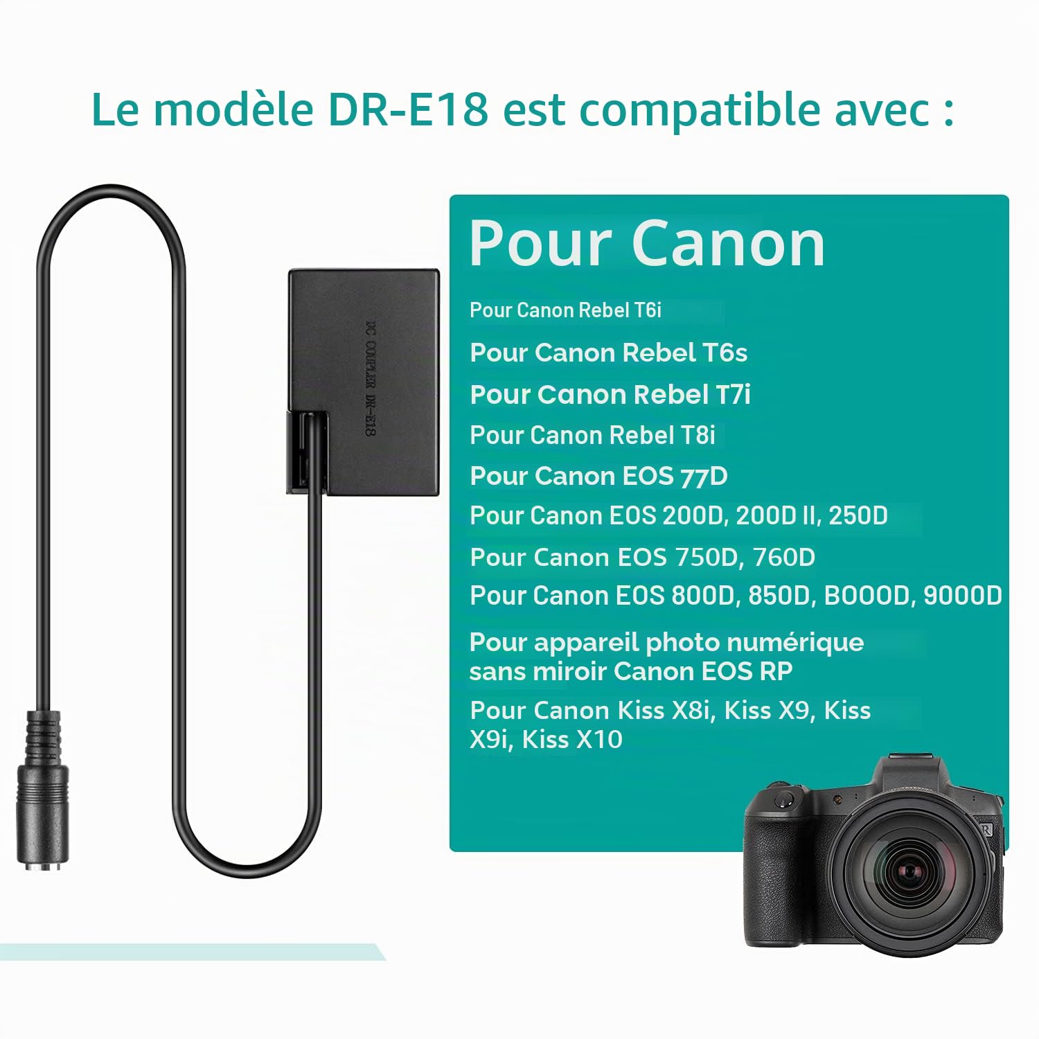 ACK-E18 Adaptateur Secteur USB-C DR-E18 Coupleur CC Kit de Chargeur PD Batterie de Remplacement LP-E17 pour Canon EOS Rebel T6i T6s T7i SL3 750D 760D 800D 77D Kiss X8i 8000D R8 R10 R50 R100