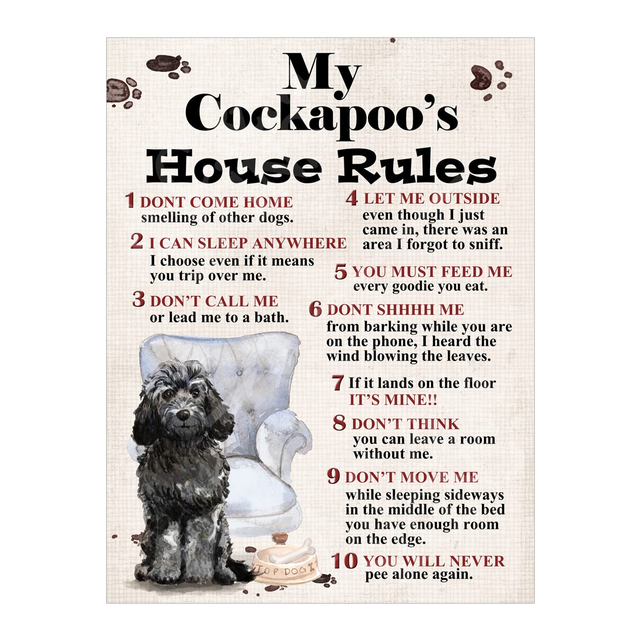 Metal Sign Plaque Dog House Rules My Cockapoo's Pet, 10x8in ref8234
