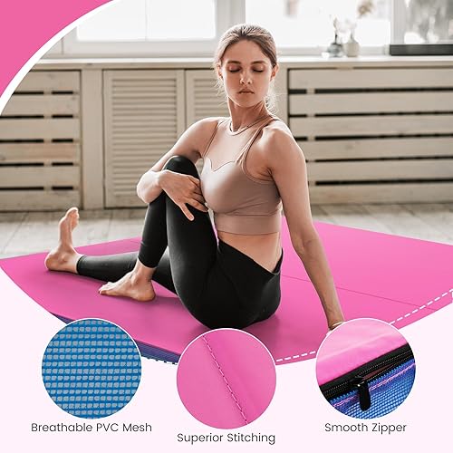 Miniatura 5 de Goplus Tapete de gimnasia plegable, de 4 x 4 x 4 pulgadas de grosor, doble plegable, con asas de transporte y cubierta de piel sintética, tapete de