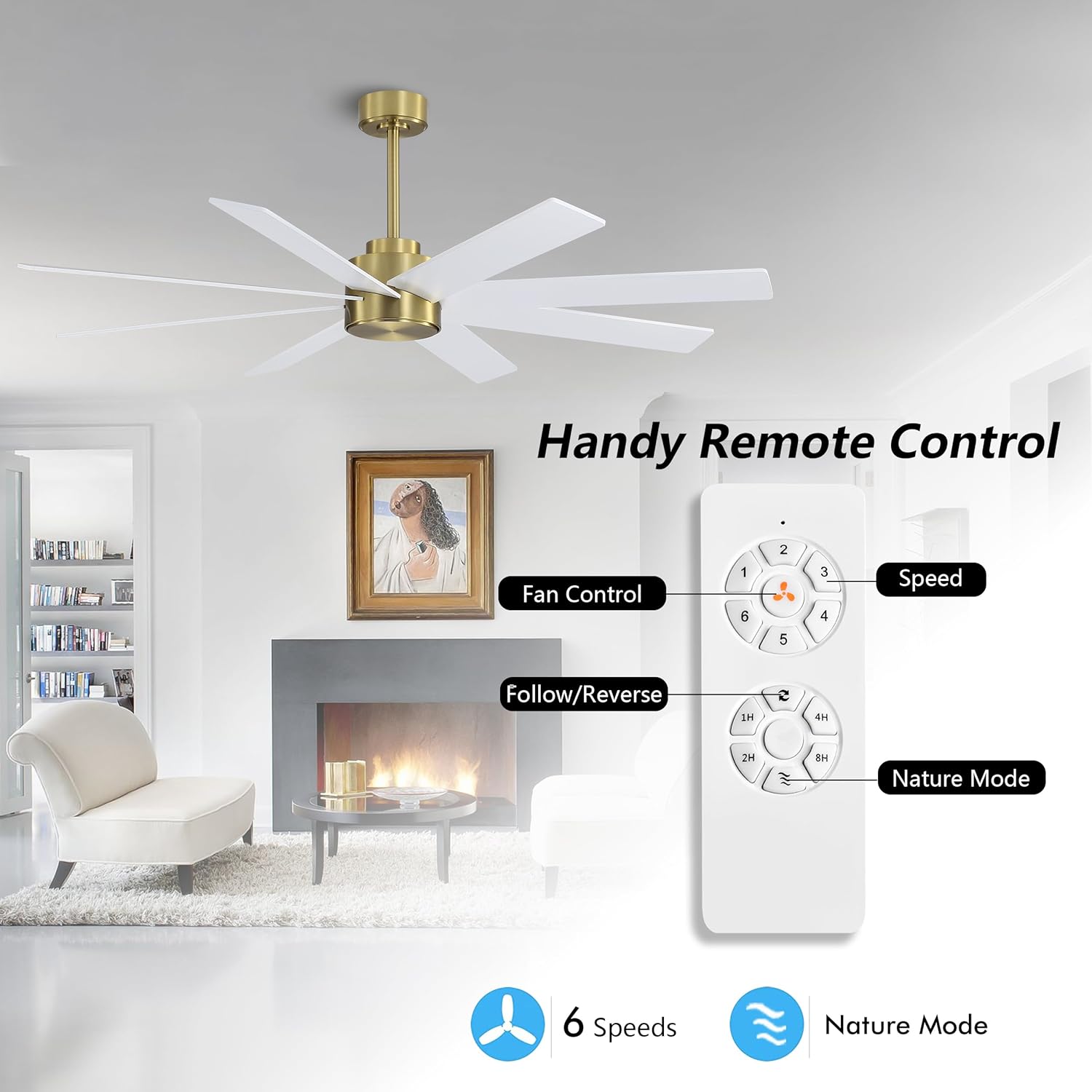 WINGBO 72" Large DC Ceiling Fans without Lights, 3 Downrods, 8 Plywood Blades, 6-Speeds Reversible DC Motor, Indoor Ceiling Fan No Lights for Bedroom Living Room Patio, Brass and White