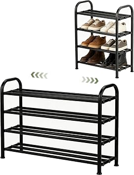 4-Tier Expandable Shoe Rack, Stackable and Adjustable Shoes Organizer Storage Shelf, Sturdy and Durable Metal Structure Free Standing Shoe Rack for Closet Entryway Doorway
