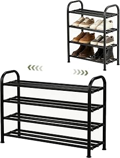 4-Tier Expandable Shoe Rack, Stackable and Adjustable Shoes Organizer Storage Shelf, Sturdy and Durable Metal Structure Free Standing Shoe Rack for Closet Entryway Doorway