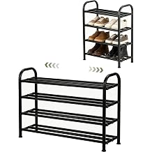 4-Tier Expandable Shoe Rack, Stackable and Adjustable Shoes Organizer Storage Shelf, Sturdy and Durable Metal Structure Free Standing Shoe Rack for Closet Entryway Doorway