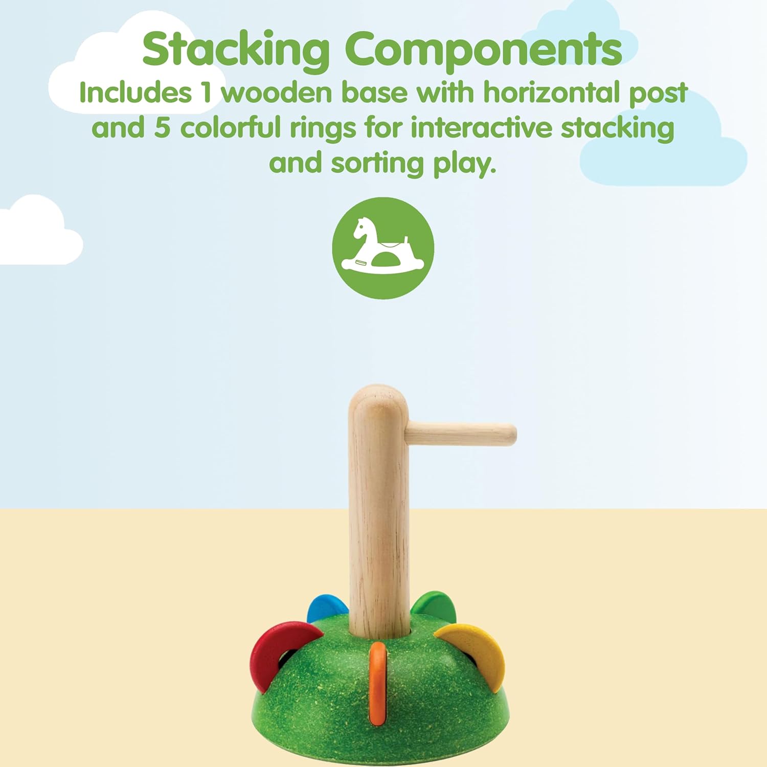 PlanToys® Horizontal Stacking Toy | Montessori Wooden Stacker & Sorter for Toddlers 12M+ | Develops Fine Motor Skills, Hand-Eye Coordination & Problem-Solving | Colorful Ring Sorting Toy