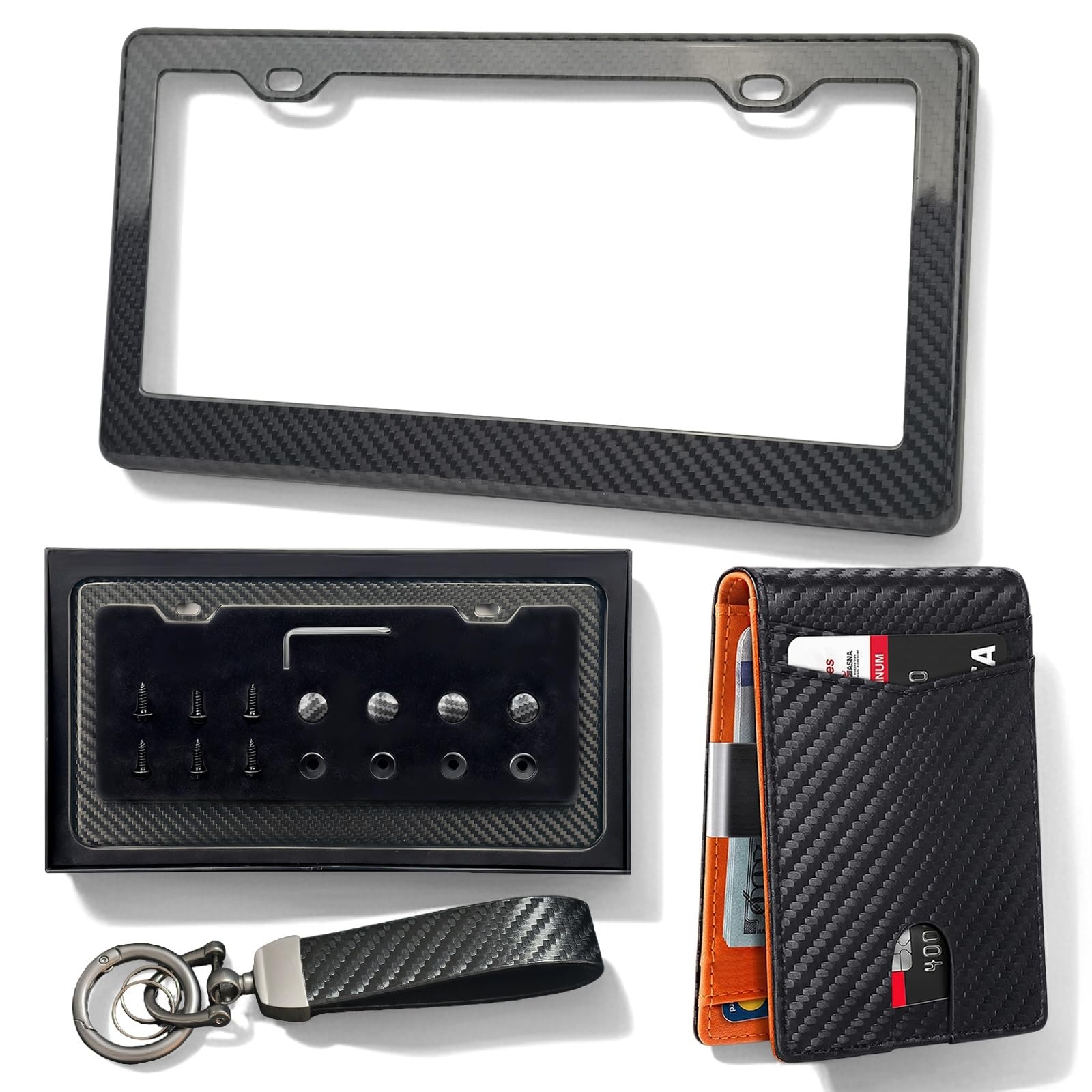 100% Genuine Carbon Fiber License Plate Frame &amp; Slim Cards Wallet &amp; Keychain Gift Set | 3-Piece Car Interior Upgrade | with Screw Caps, Rattle Proof Pad, Anti-Theft, Anti-Rattle