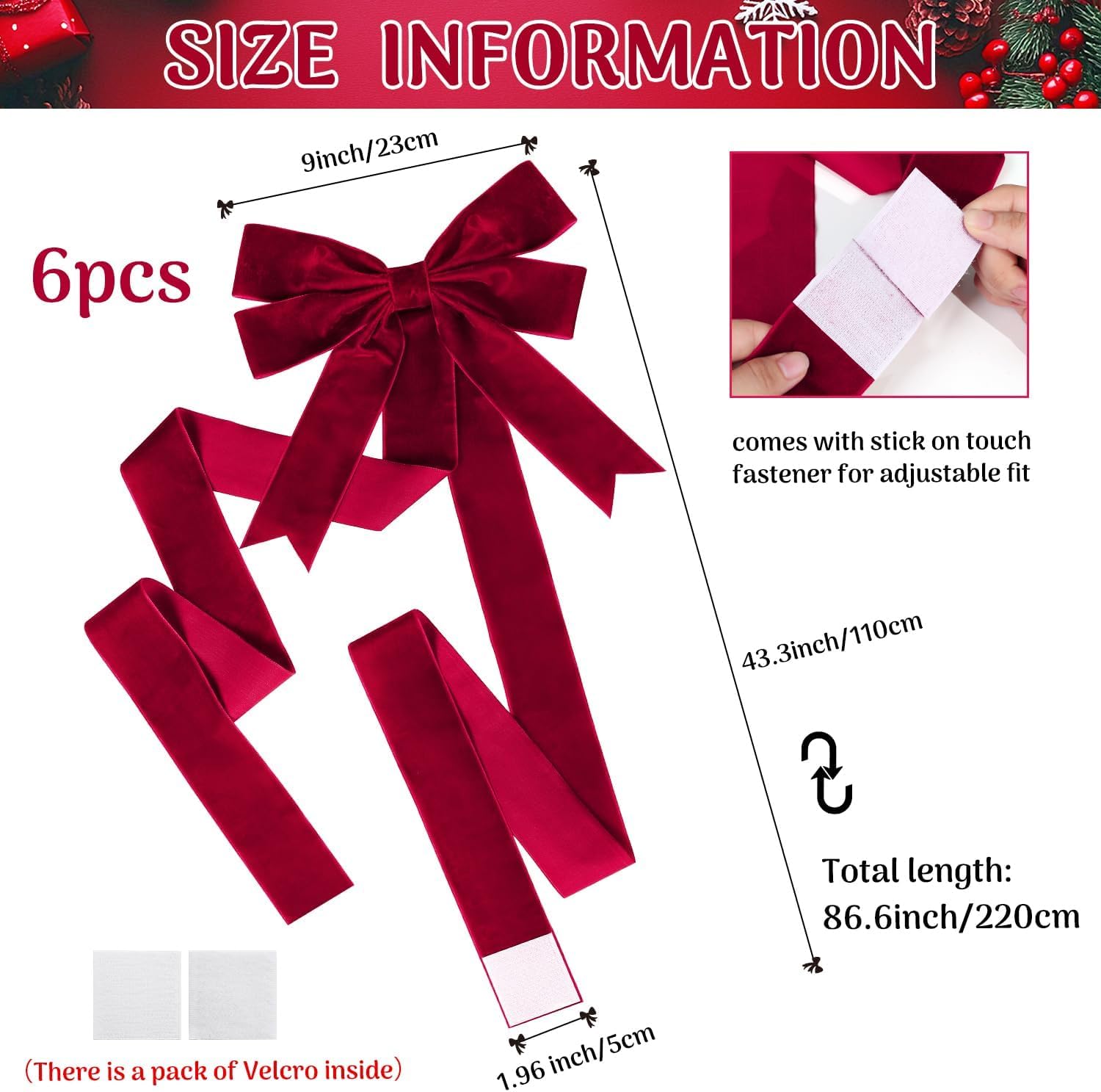 6Pcs Christmas Velvet Cabinet Ribbons Bows Decorations Large Red Knob Easy to Install Kitchen Cabinet Door Ribbon Bow for Fireplace Festive Decor Xmas Tree Gifts Party Supplies(Burgundy)