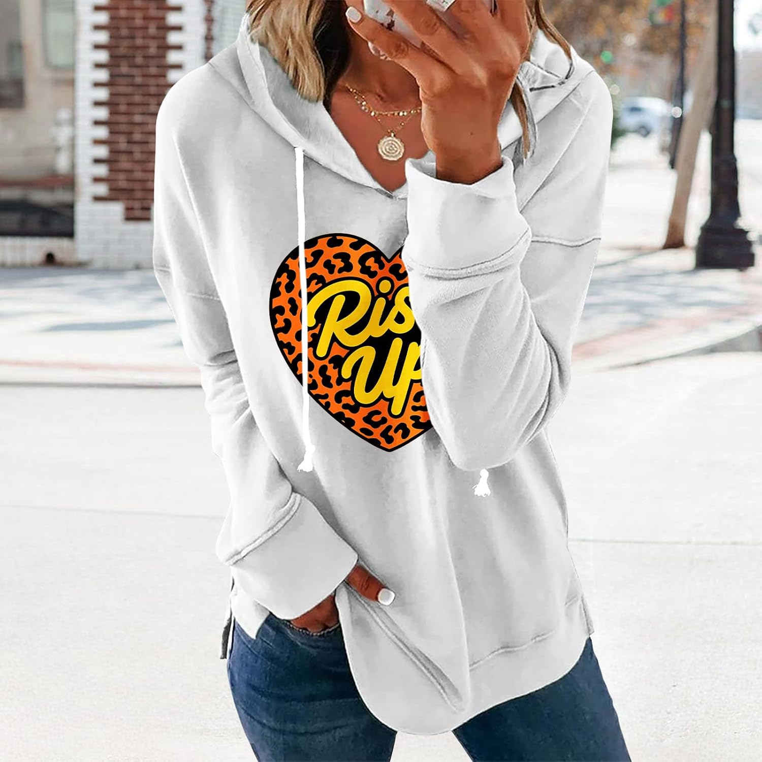 Women's Brick Red Hoodie Pullover Sweatshirt Cotton Blend Loose Fit Long Sleeve Fall Winter Top - Image 2