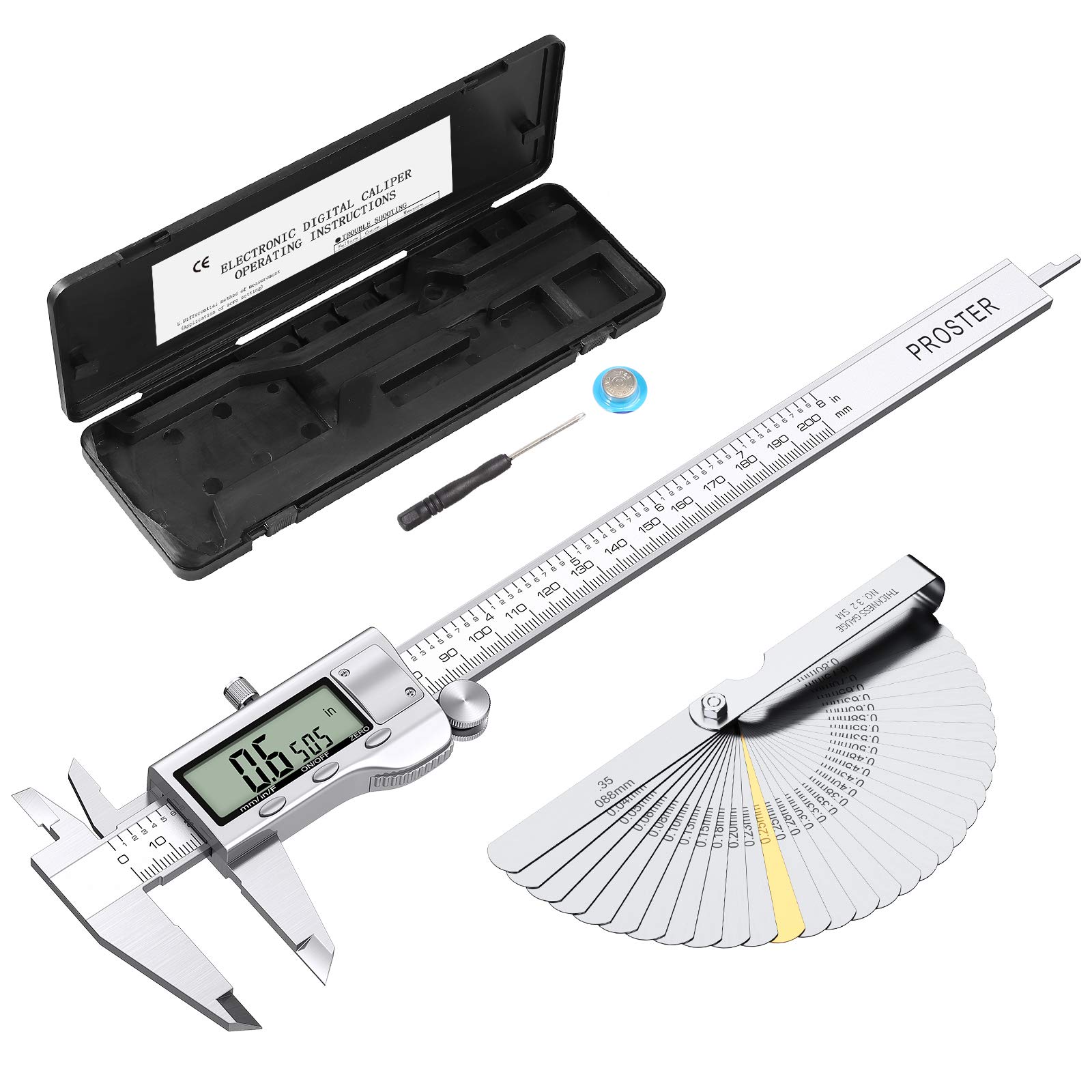 Proster Digitaler Messschieber 8 Zoll/200mm + 32 Fühlerlehre Schieblehre Edelstahl Elektronischer Meßschieber Zoll/Fraktionen/Metrisch Messschieber für Länge Breite Tiefe Innen-/ Außendurchmesser