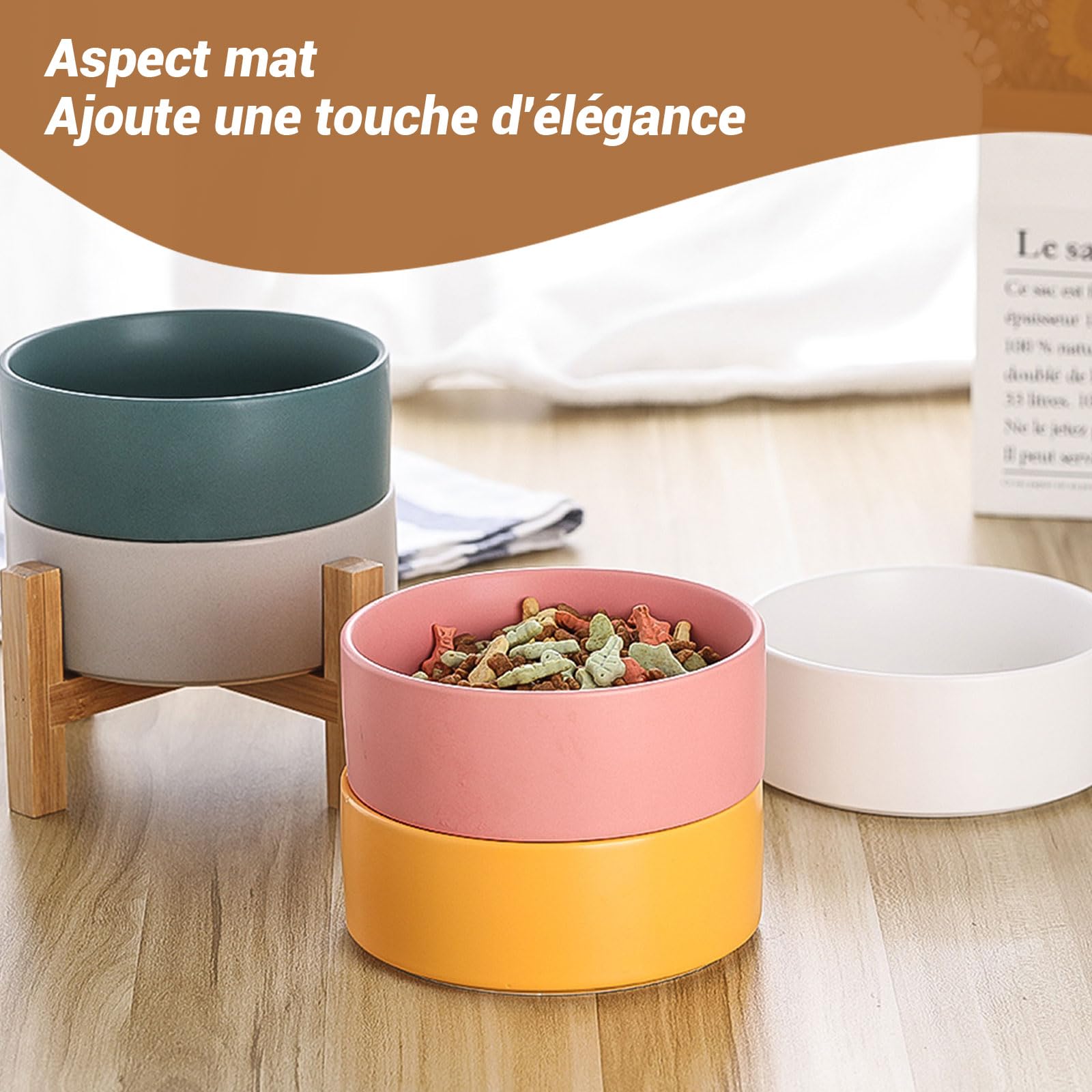 Gamelles surélevées en céramique Blanche pour Chat avec Support, gamelles surélevées pour Nourriture ou Eau pour Chats et Petits Chiens avec Coussinet en Caoutchouc antidérapant, Anti-Stress pour