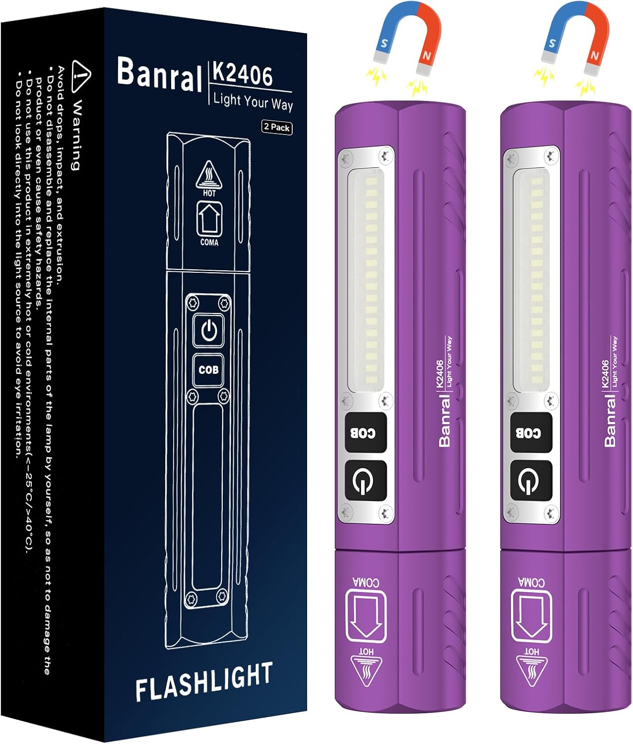 Rechargeable Tactical Flashlights High Lumens - Super Bright Small Powerful LED Magnetic USB C Flashlight, 8 Modes, Dual Button Waterproof Pocket Flash Light for Emergency, Car (2, Purple)