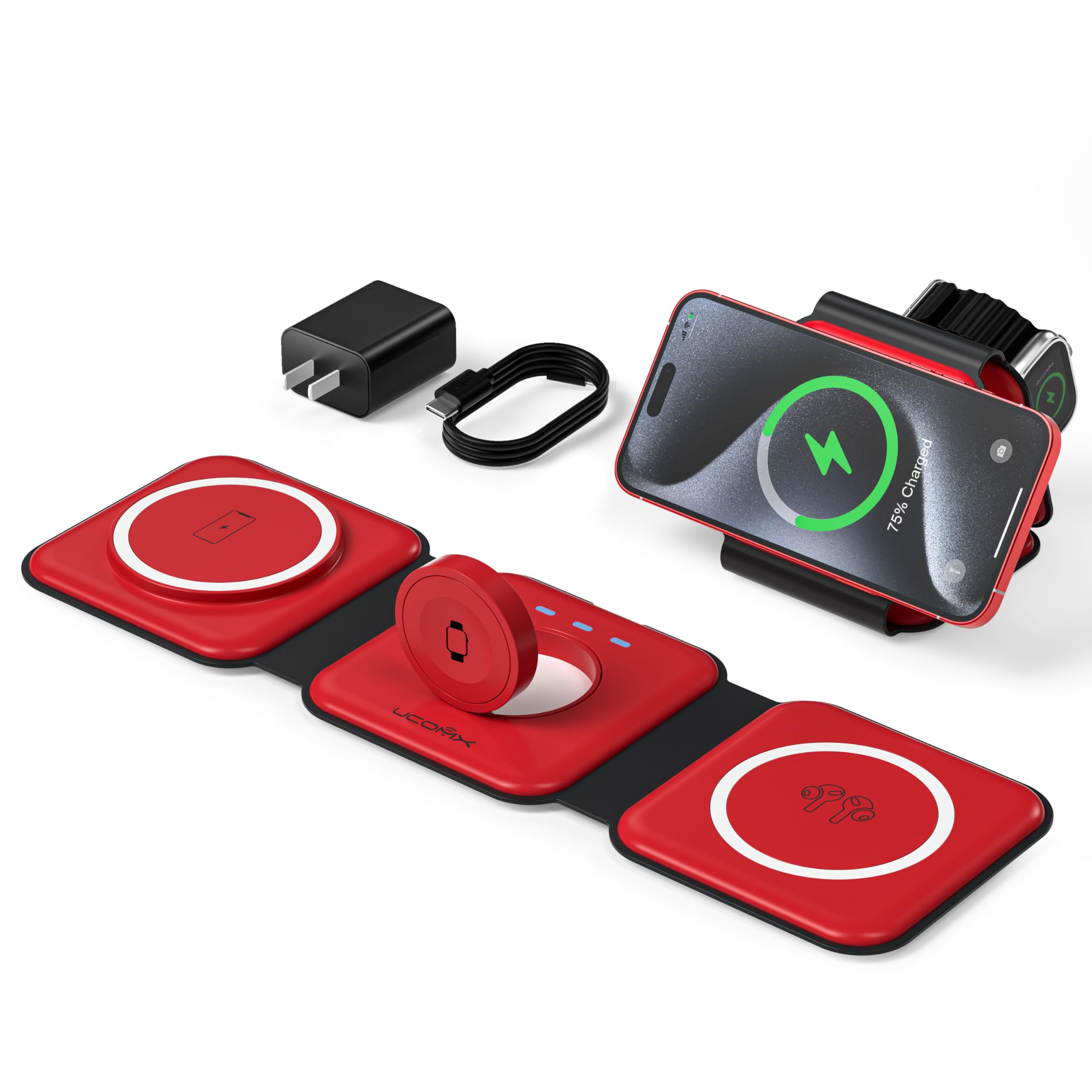 UCOMX 3 in 1 Charging Station for Multple Devices,Foldable 3 in 1 Wireless Charger for Travel,Nano Wireless Charging Station for iPhone16 15 14 13 12