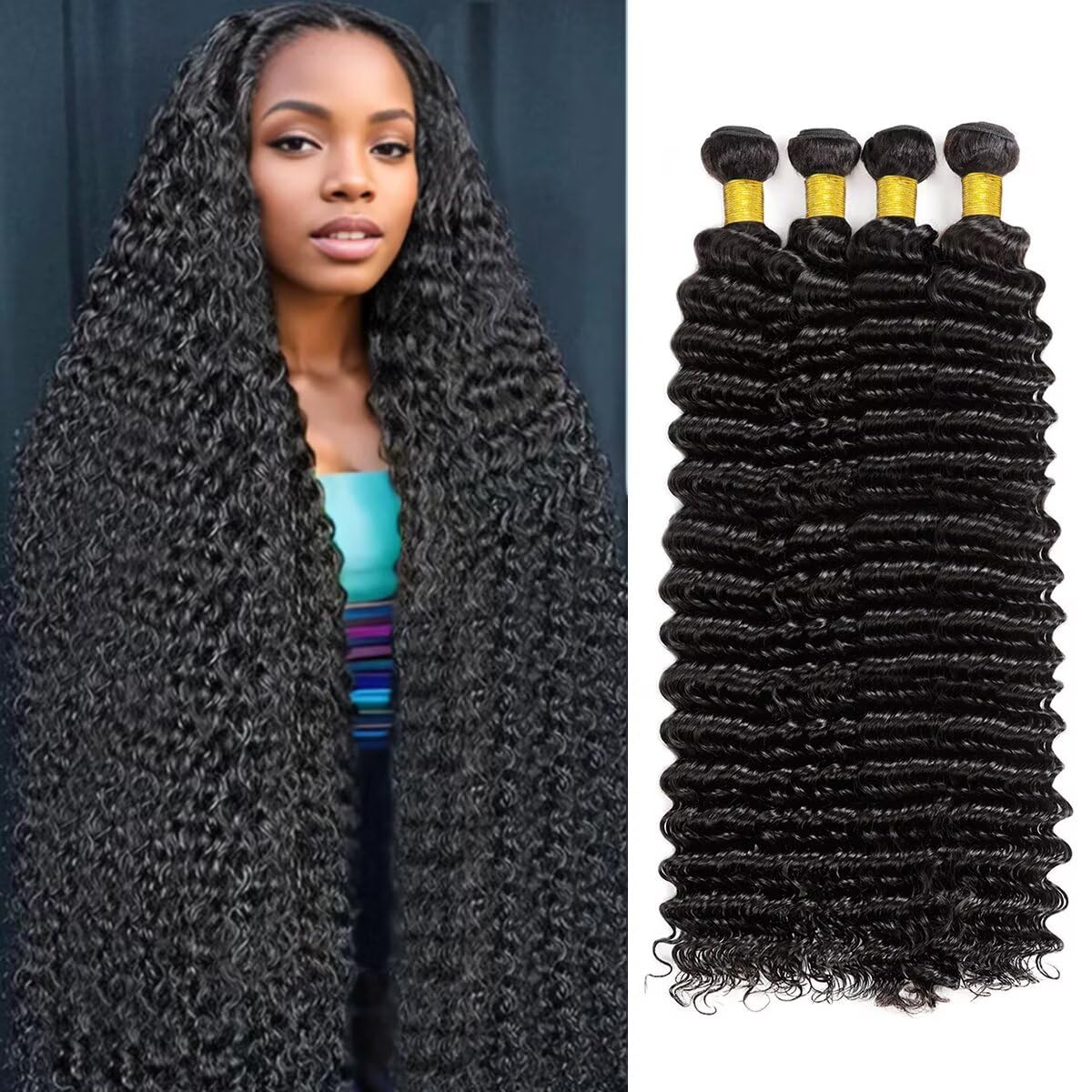 12A Human Hair Bundles 28 30 32 34 Inch Deep Wave Bundles Human Hair 100% Unprocessed Brazilian Virgin Deep Curly Weave 4 Bundle Water Wavy Hair Extensions Real Human Hair 1B Bundle for Women