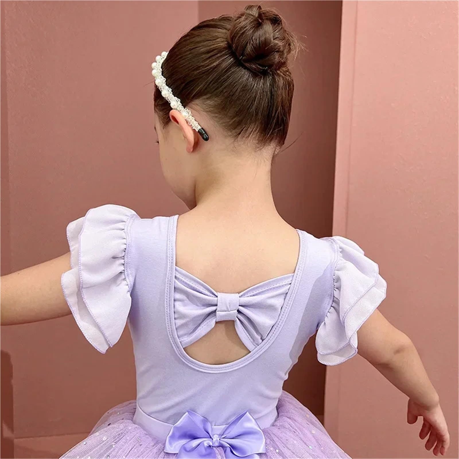 Body Danza Classica Donna Body da danza classica Maniche corte con volant Spalline incrociate sul retro Gonna tutù scintillante brillante Vestito ginnastica ritmica Fata