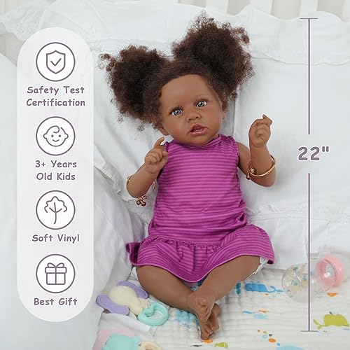 Miniatura 2 de Muñecas Reborn de Bebé Niña Negra, Muñeca de Bebé Realista de 22" Muñeca Recién Nacida Afroamericana Realista Bebe Caramel Como de la Vida Real con