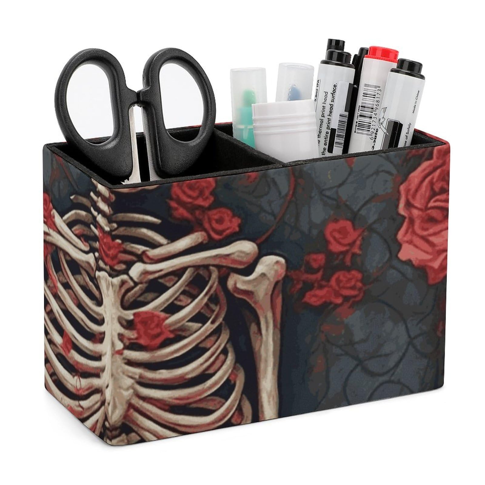 Porte-stylo en cuir imprimé squelette et roses à double compartiment pour bureau