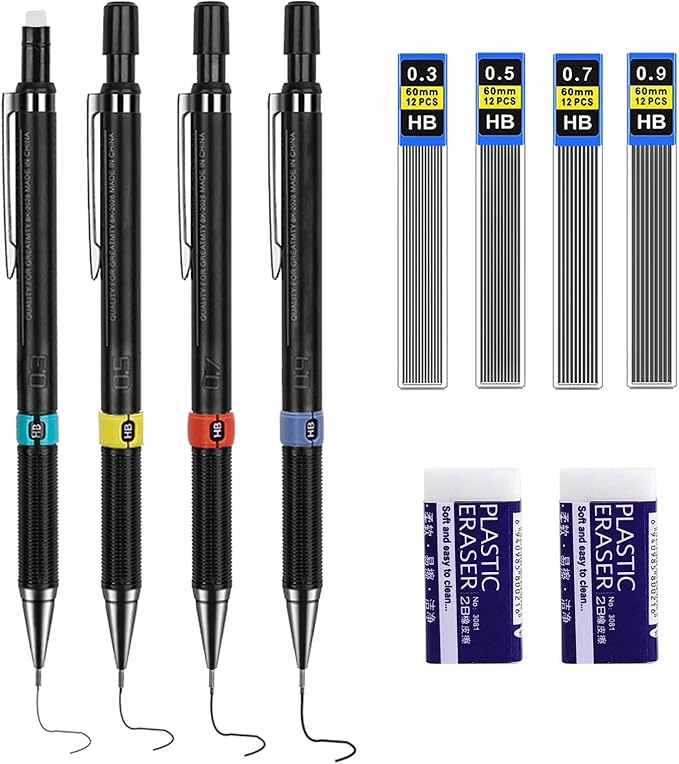 Fantasyon 4pcs Mechanical Pencil Set 0.3 0.5 0.7 0.9mm HB Automatic Retractable Lead with 4 Refills