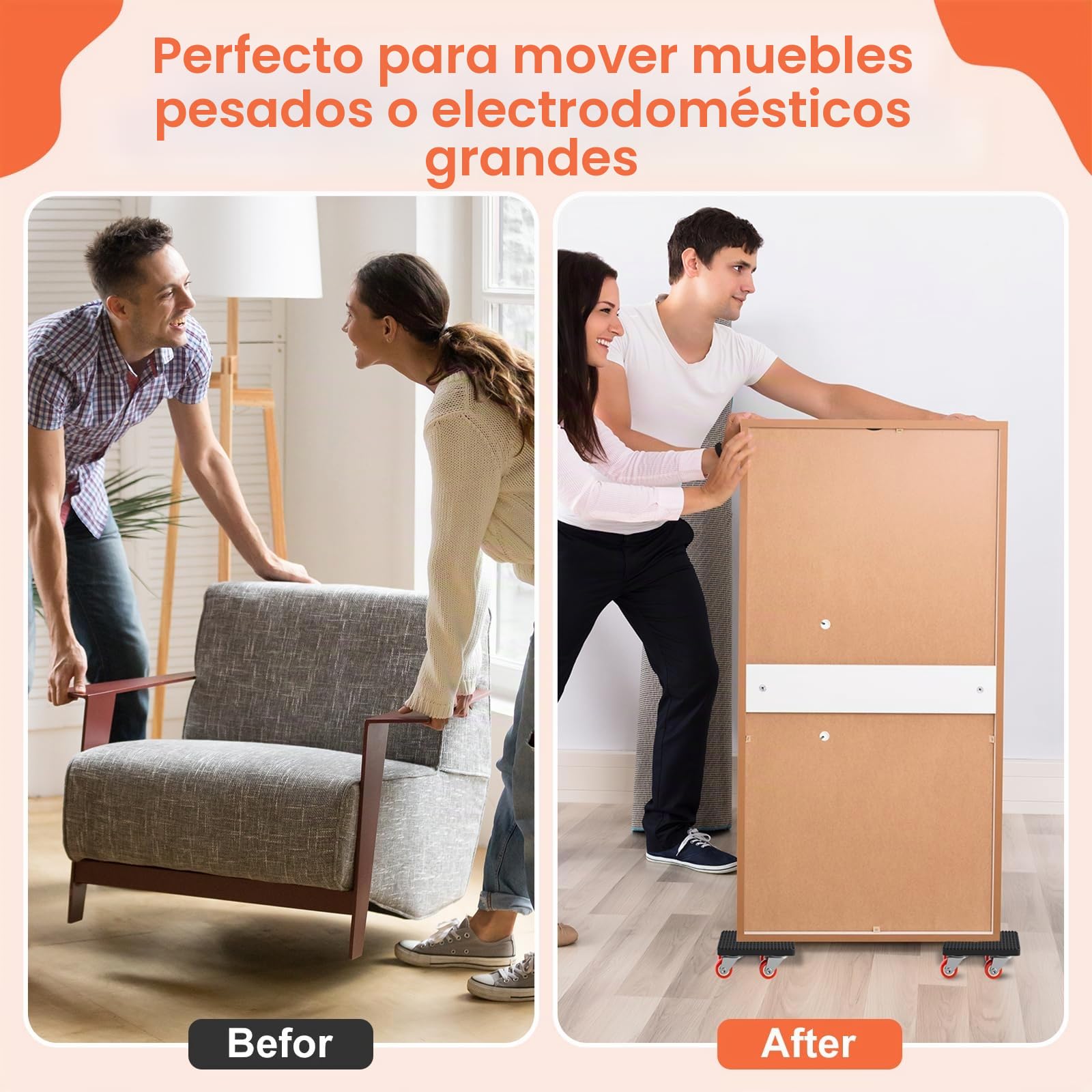 Kit Eelevador de Muebles Pesados, Juego de Ruedas de Transporte para Muebles, Transportador de Muebles con 4 Ruedas y Elevador, Carga Máxima 500kg, Ruedas para Mover Muebles y Objetos Pesados