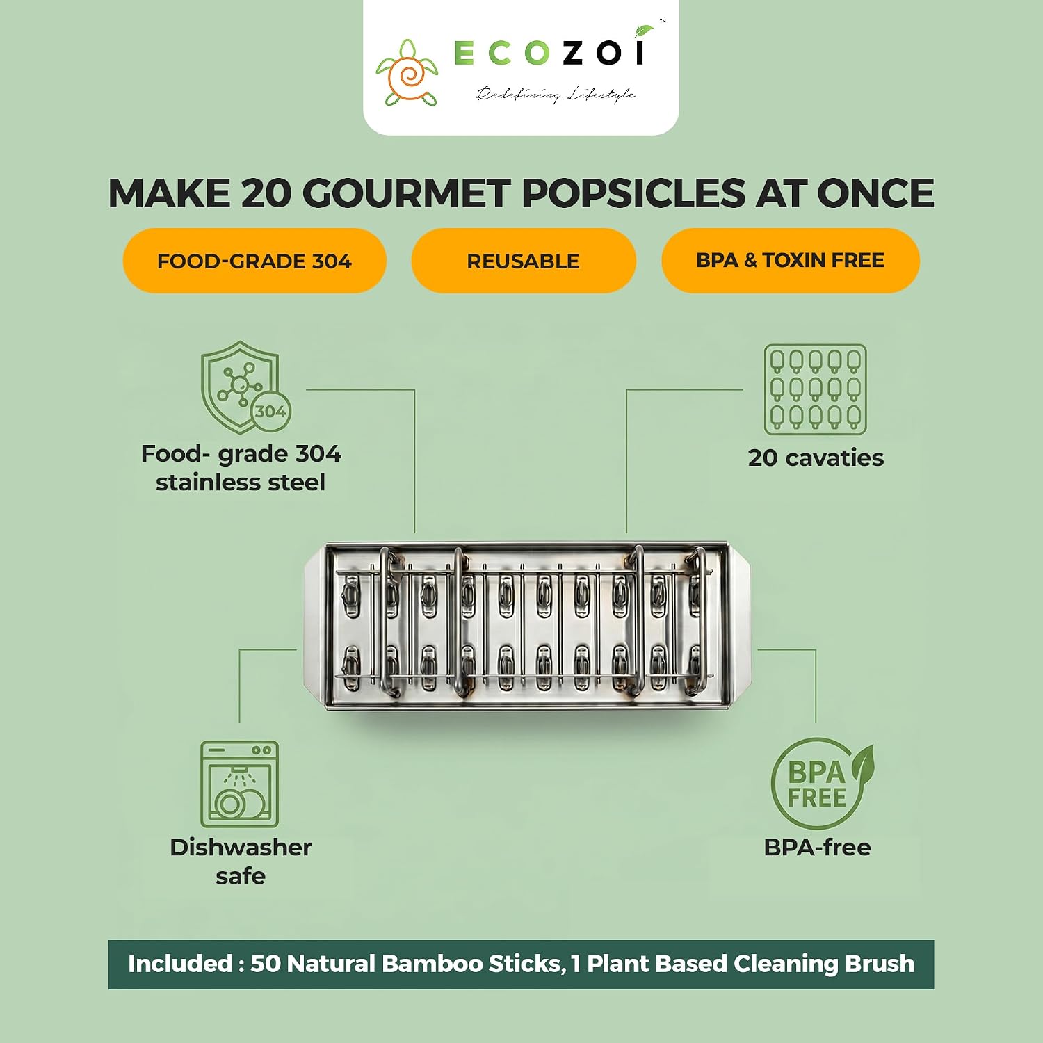 ecozoi stainless steel popsicle molds, 20 piece set, comes with 50 reusable bamboo sticks, and plant based cleaning brush square-20 molds