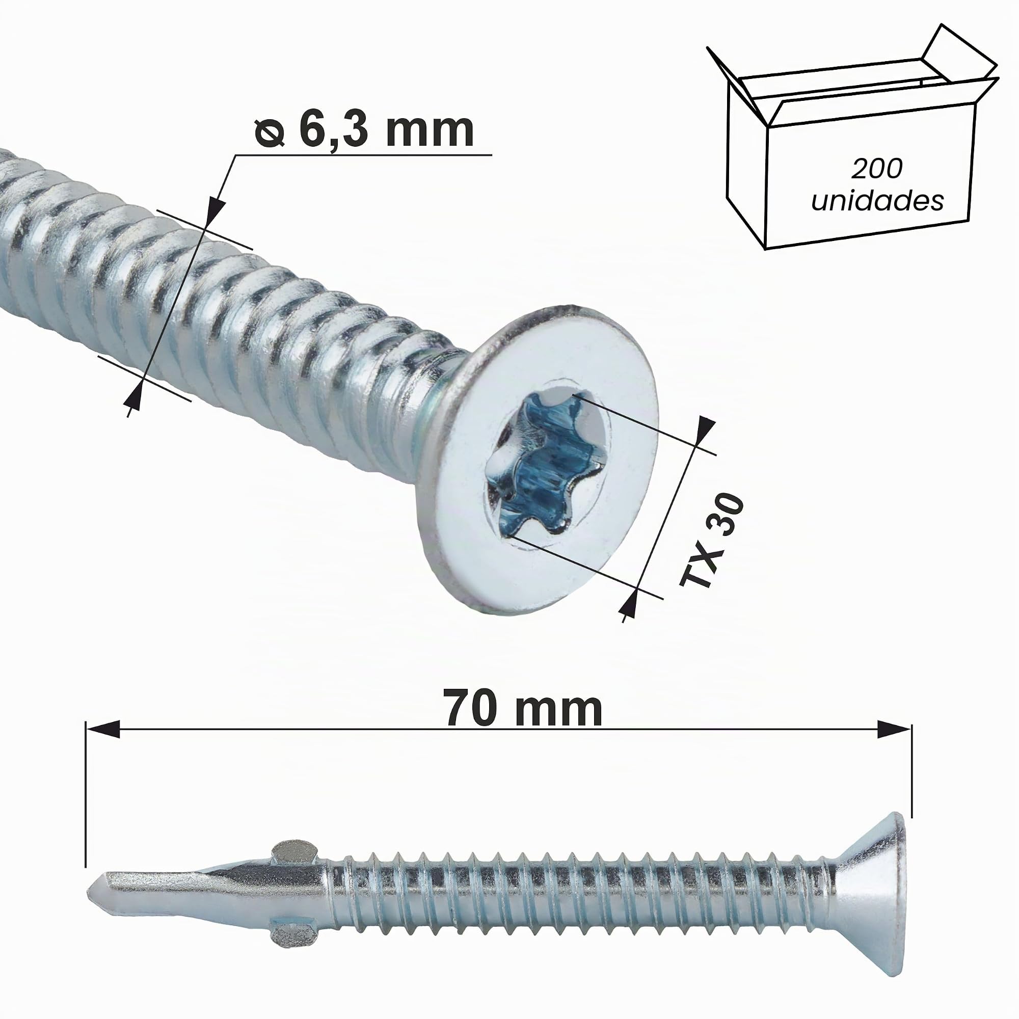 KLIMAS Tornillo de cabeza avellanada para madera sobre acero, Tornillos Roscachapas, 6,3 mm de diámetro x 70 mm de diámetro