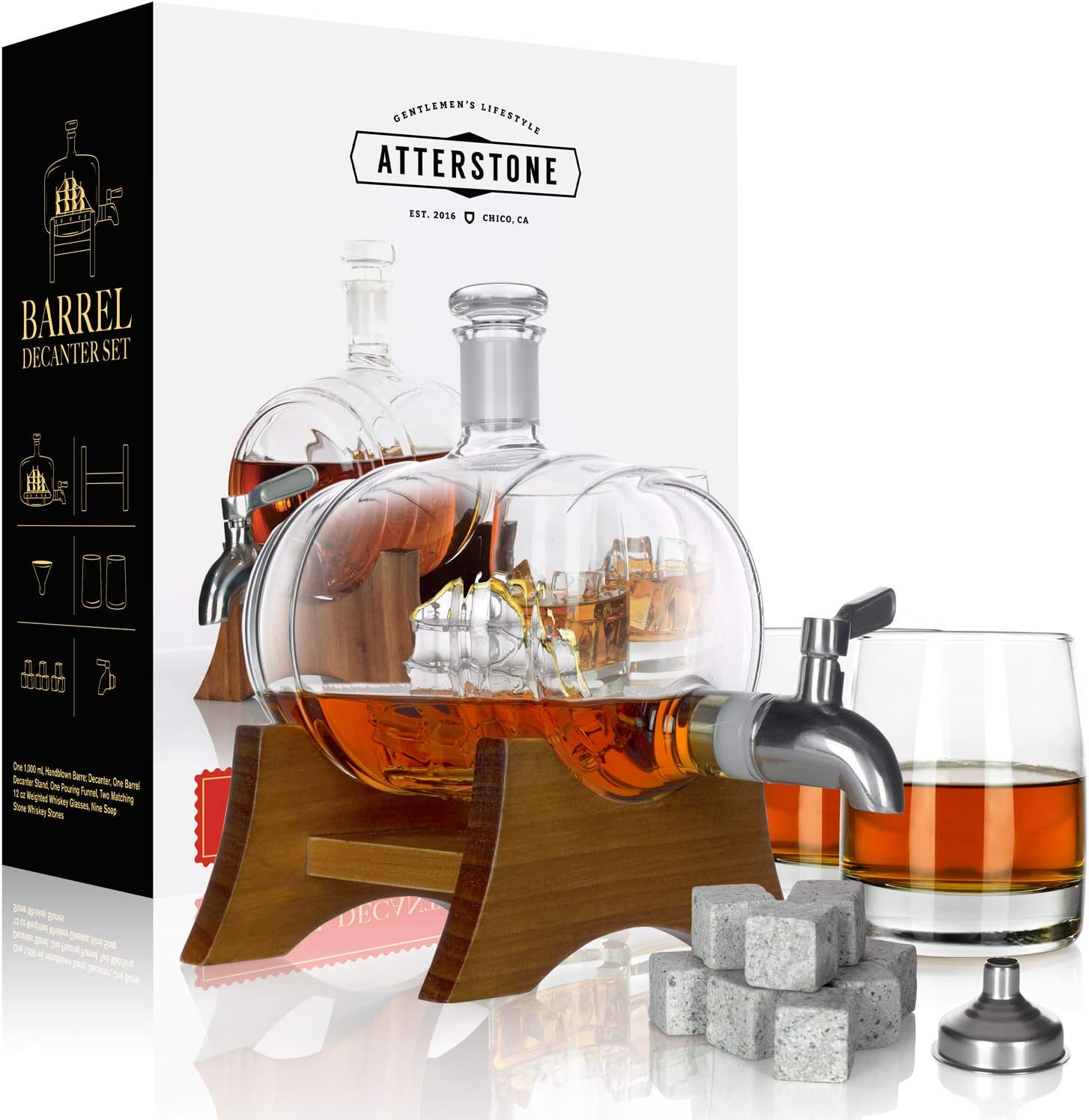 Barrel Whiskey Decanter Set. Bourbon, Scotch, Brandy, Whisky Decanter Set. 2 Heavy Crystal Whiskey Glasses, 9 Chilling Whisky Stones & Funnel for Liquor - 1000ml Whiskey Barrel Decanter