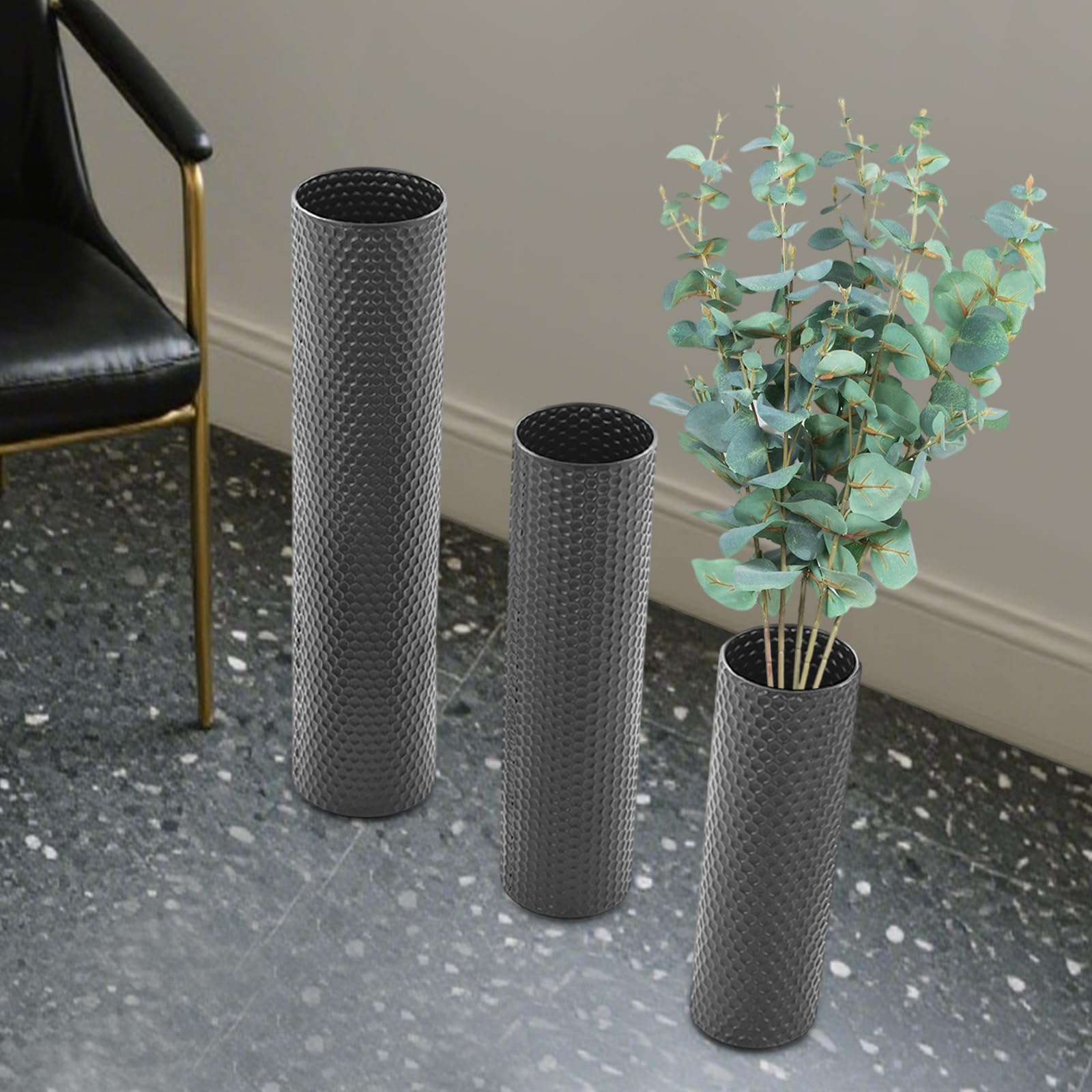 Set di vasi neri in ferro, 3 pezzi, grande struttura a nido d'ape, 40-70 cm, con design a nido d'ape per fiori artificiali, vaso decorativo moderno per soggiorno, sala da pranzo, camera da letto