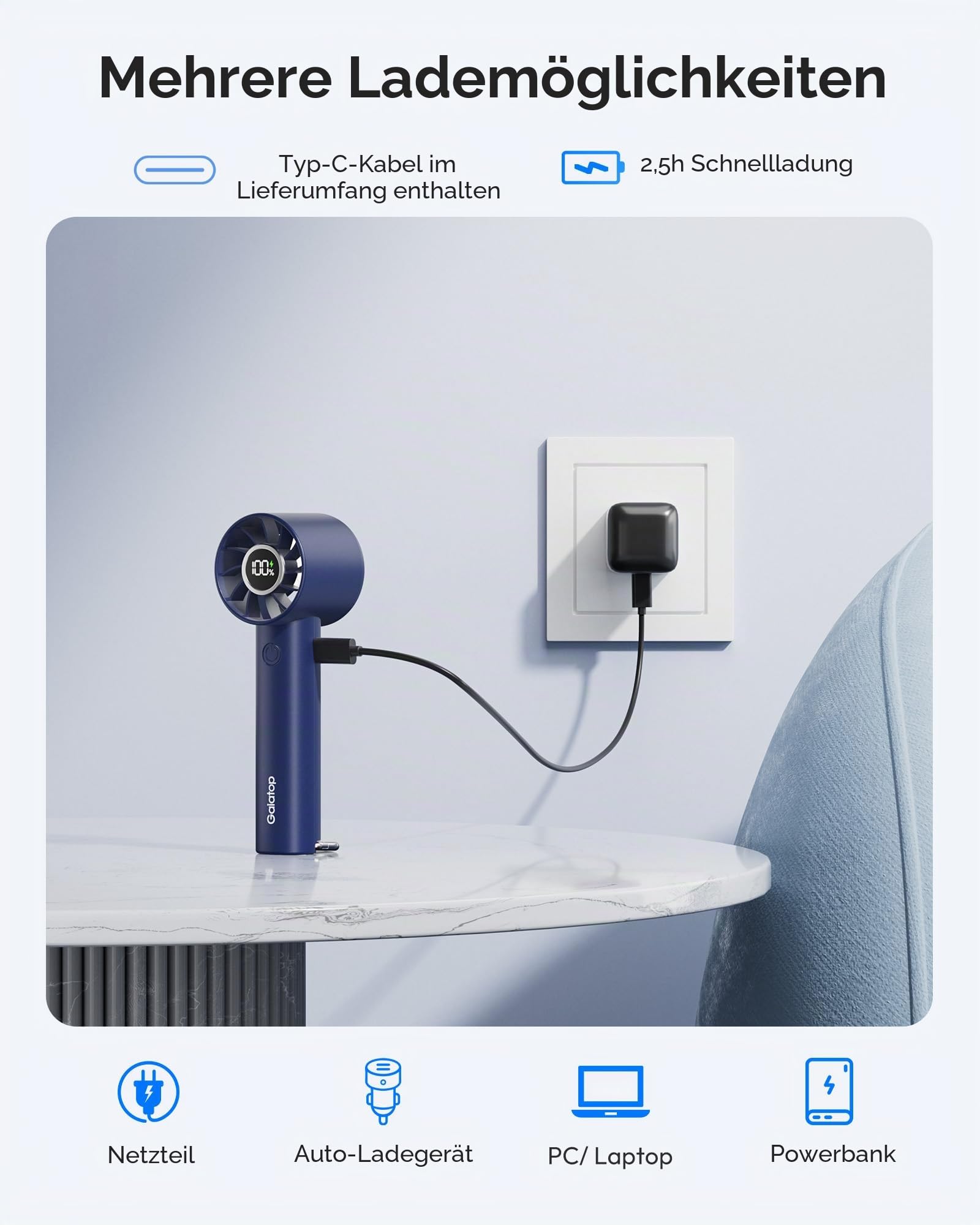 Gaiatop Tragbarer Turbo Handventilator mit LED Taschenlampe und Basis, Wiederaufladbarer Mini Ventilator, Reiselüfter für Zuhause, Büro & Camping, Geschenk für Frauen & Männer – Marineblau