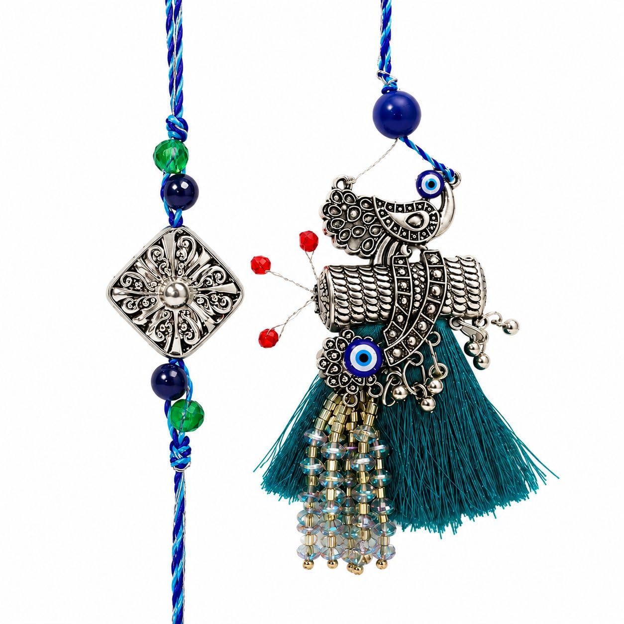 Bhaiya Bhabhi Rakhi Set | Peacock Lumba | Oxidised Charm | Premium Handmade Traditional Raksha Bandhan Combo | Greeting Card Included-image-27