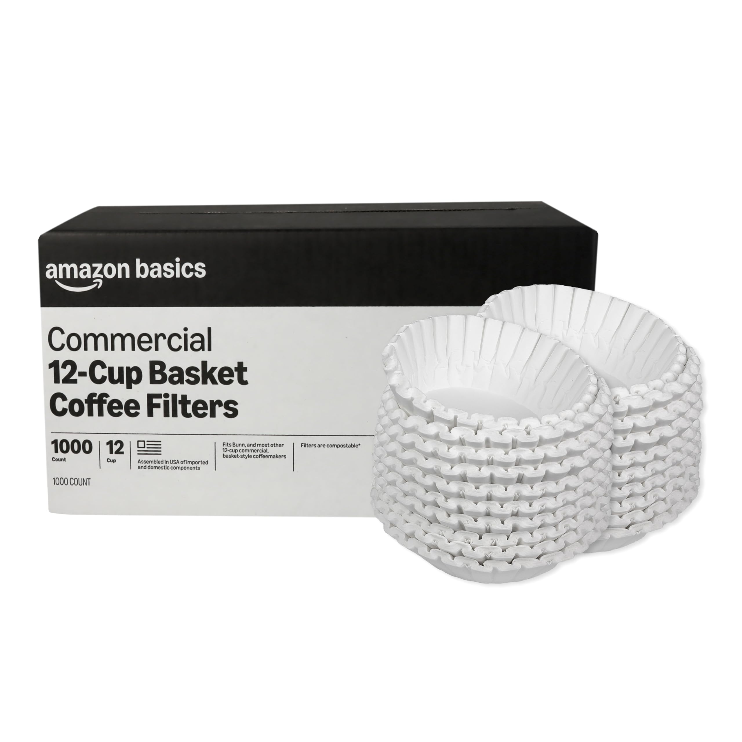 Photo 1 of Amazon Basics Commercial 12-Cup Basket Coffee Filters, 1000 Count, Fits Bunn and Most Basket-Style Coffeemakers, White