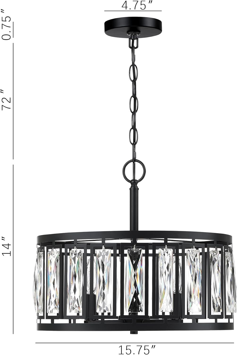 Modern Crystal Chandeliers, 4 Lights Matte Black Pendant Lighting Fixture for Dining Room Adjustable Hanging Ceiling Light for Kitchen Island