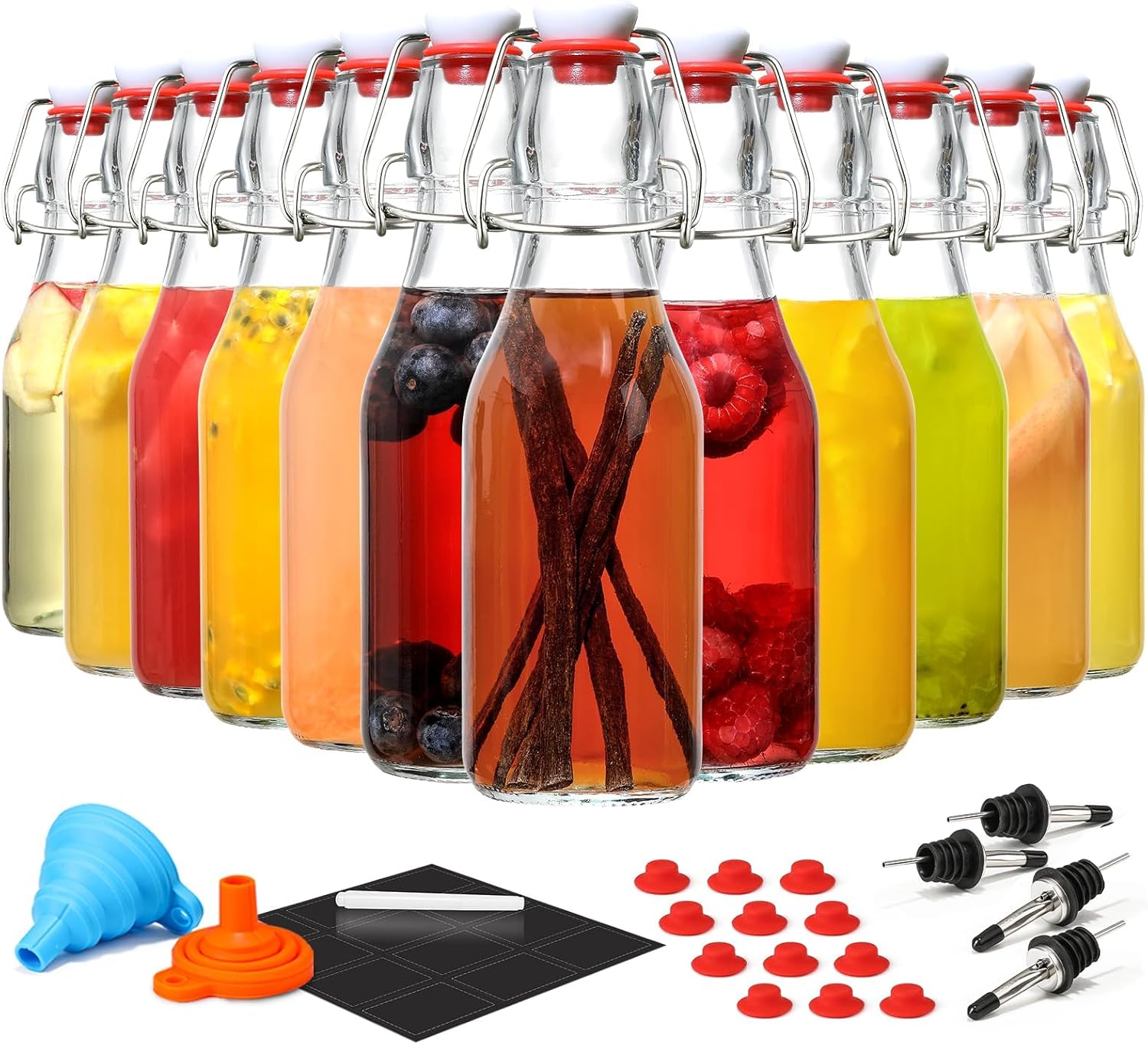 12 Pack 8.5oz Flip Top Glass Bottles, Swing Top Beer Brewing Bottle for 2nd Fermentation, Kombucha, Kefir, Vanilla Extract, Coquito, Juice, Tea - Airtight Stopper Cap Lid, Bonus 4 Bottle Pourers