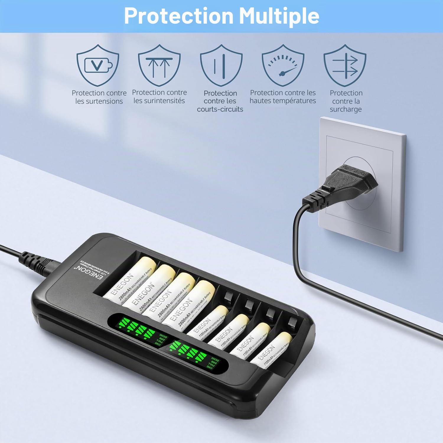 ENEGON Chargeur de Piles Rechargeables AA AAA avec Écran LCD – 8 Slots Indépendants – Chargeur Rapide Intelligent Ni-MH/Ni-CD avec Protection – Adaptateur Secteur 100-240V