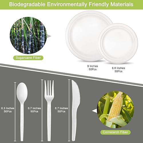 Miniatura 3 de 250 platos compostables, platos de papel de caña de azúcar con utensilios extralargos, juego de vajilla desechable ecológico biodegradable,