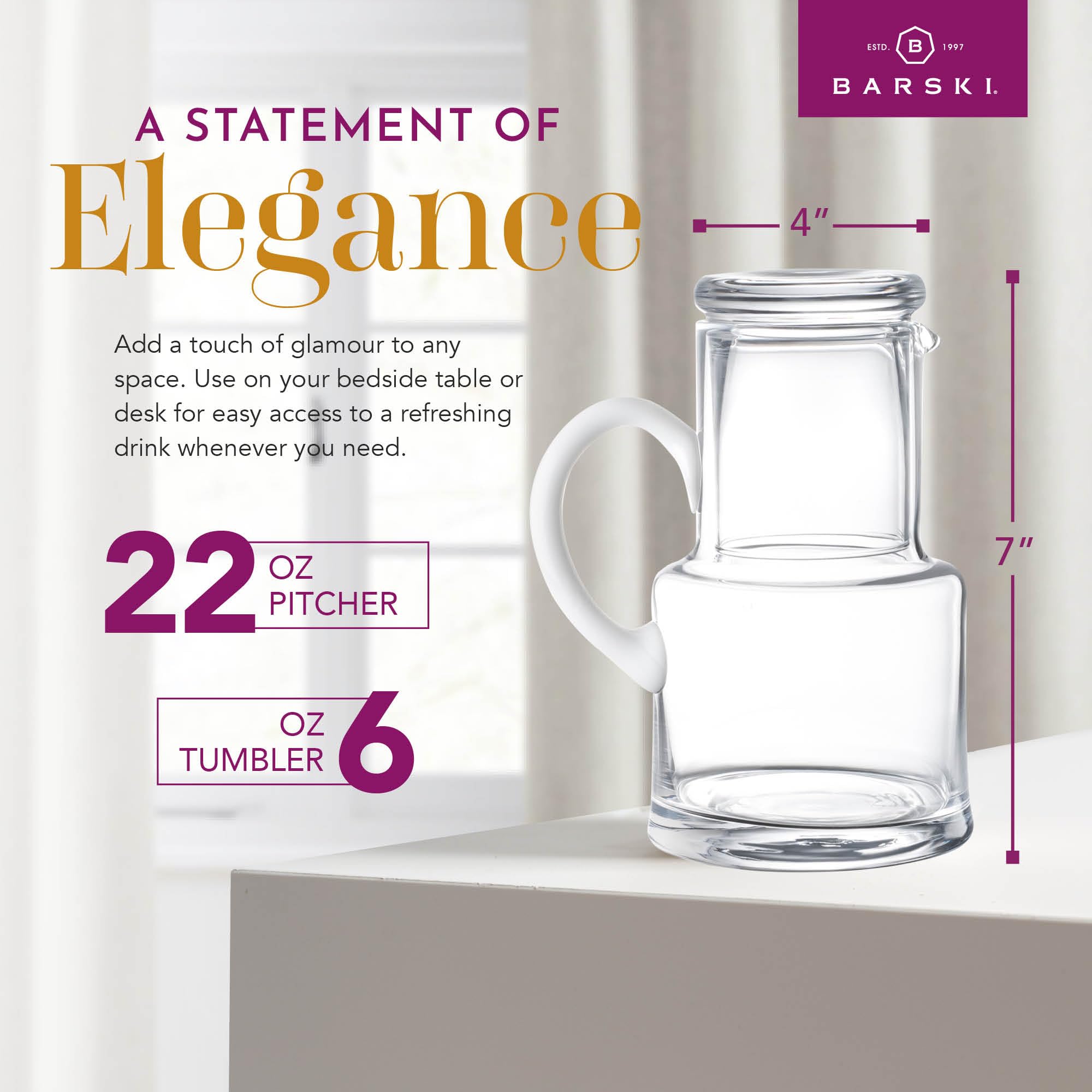 American Atelier Bedside Water Carafe with Tumbler | Pitcher and Footed Drinking Glass | Use Cup As Lid for Carafe | for Guest Room, Nightstand