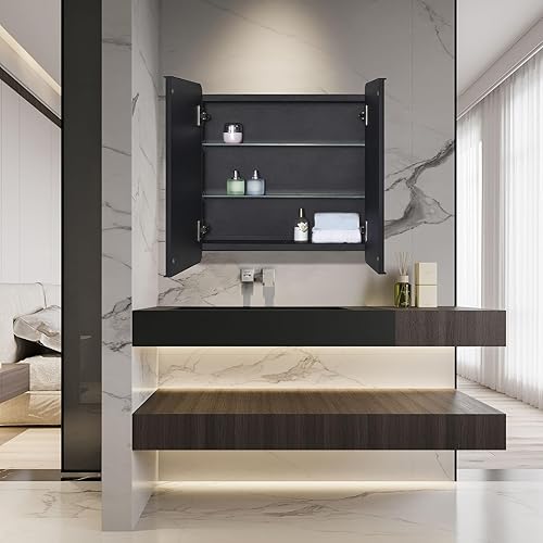 Miniatura 2 de Botiquín de baño negro con puerta redonda enmarcada y espejo de borde biselado de 22 x 20 pulgadas, empotrado o montaje en superficie, con estantes