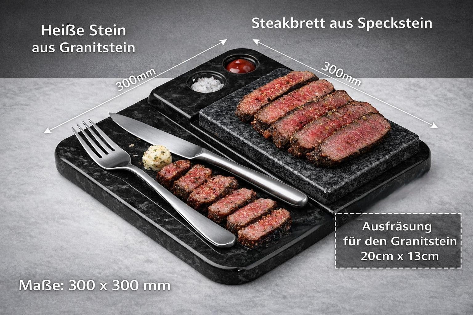 Heißer Stein Grill Set aus Speckstein & Granit – Hot Stone Steak, Steakbrett mit Ersatzstein, Servierplatte für Fleisch und Fisch