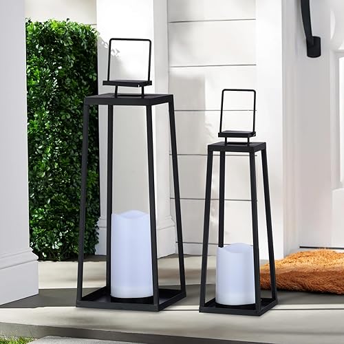 Miniatura 5 de Juego de 2 faroles solares decorativos para exteriores (18 y 15 pulgadas) modernos faroles de metal negro con velas solares, faroles decorativos