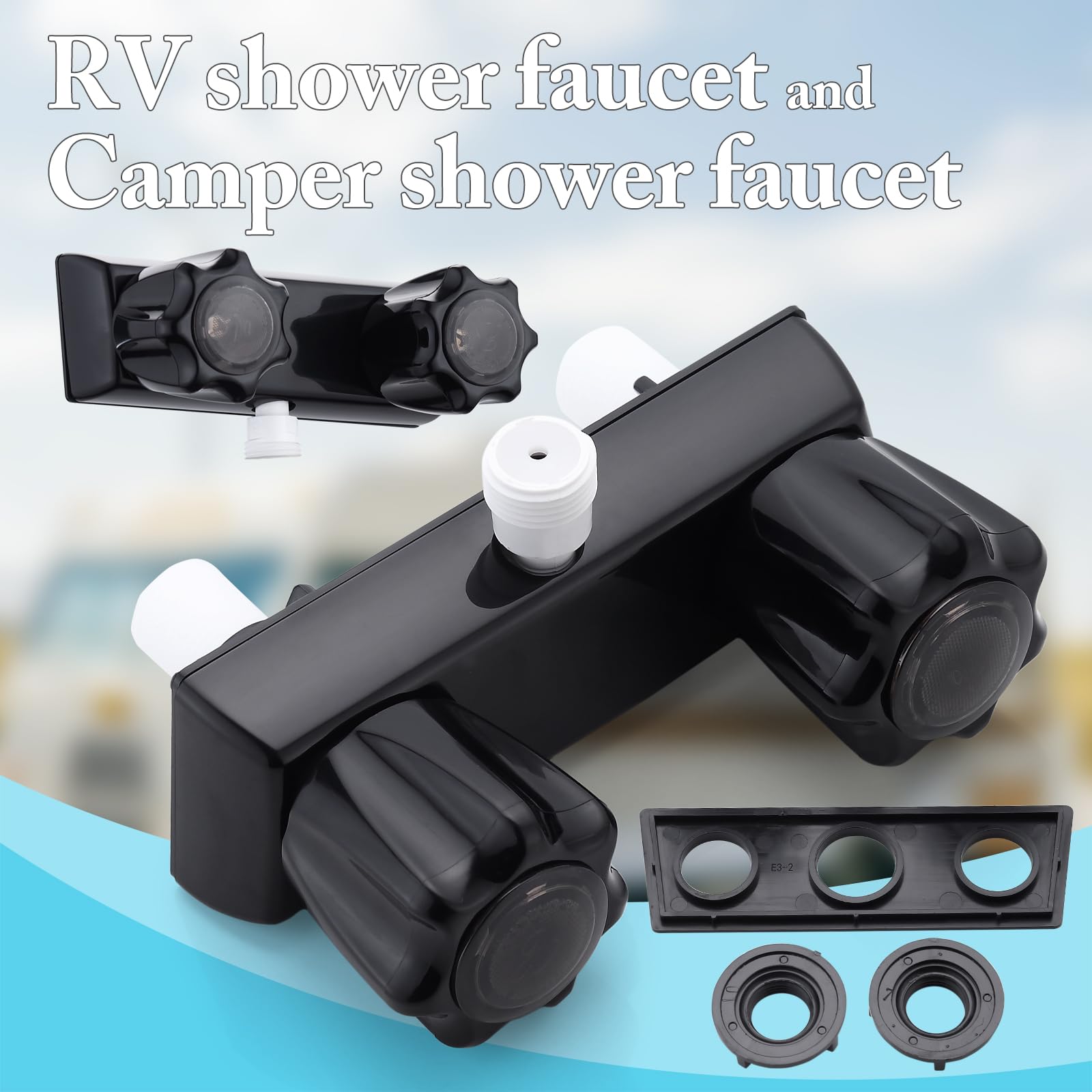 Grifo de ducha de repuesto para caravana, grifo de ducha de cámper, válvula de ducha de 4 pulgadas para exteriores e interiores, kit de ducha con pomos de ducha acrílicos dobles (negro completo)