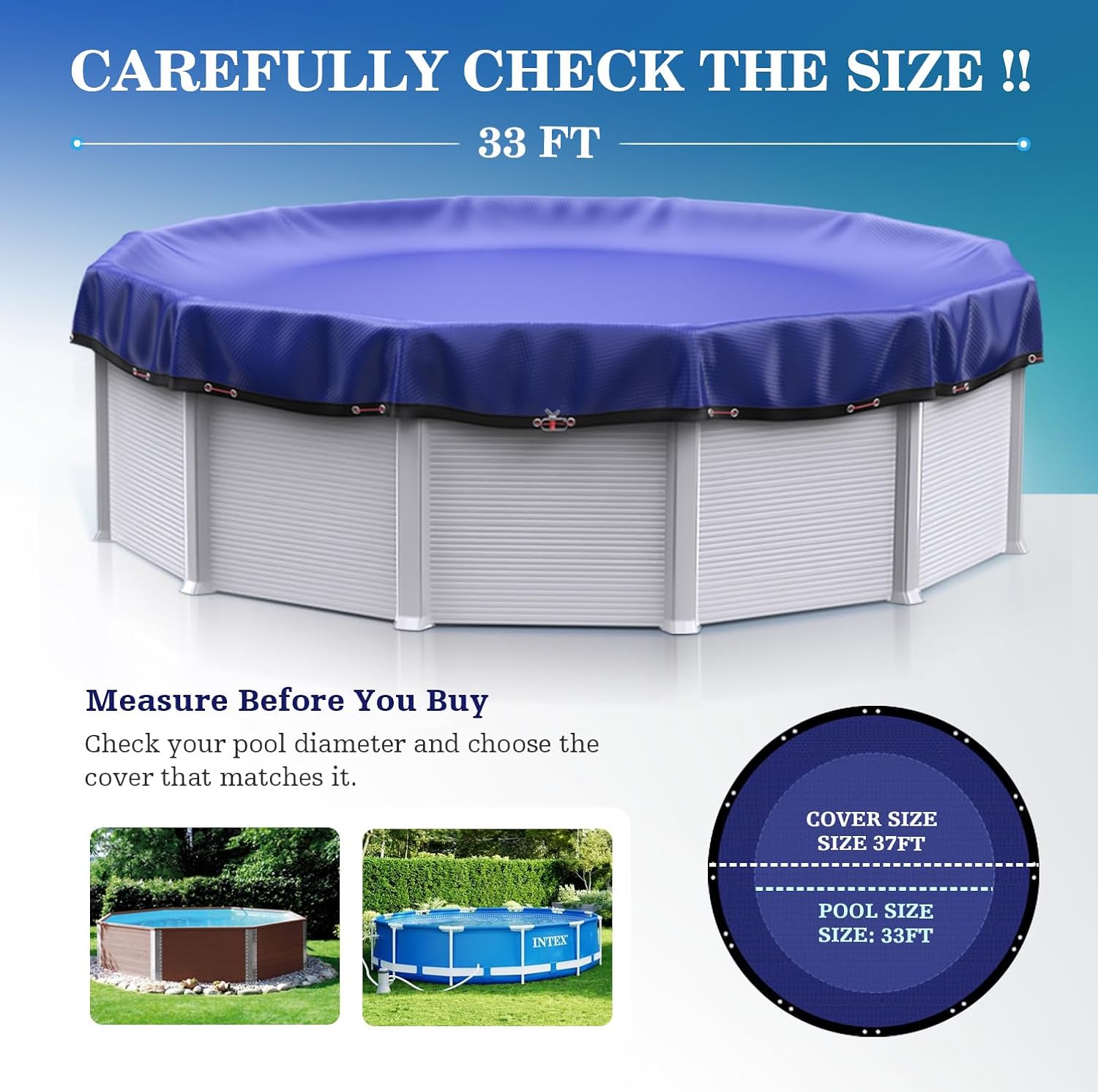 UIRWAY [200GSM Heavy Duty] 33FT Pool Cover 2025 Upgrade Pool Cover for Above Ground Round Pools, UV & Cold Resistant Swimming Pool Cover, Tearproof Tarp with Cable System