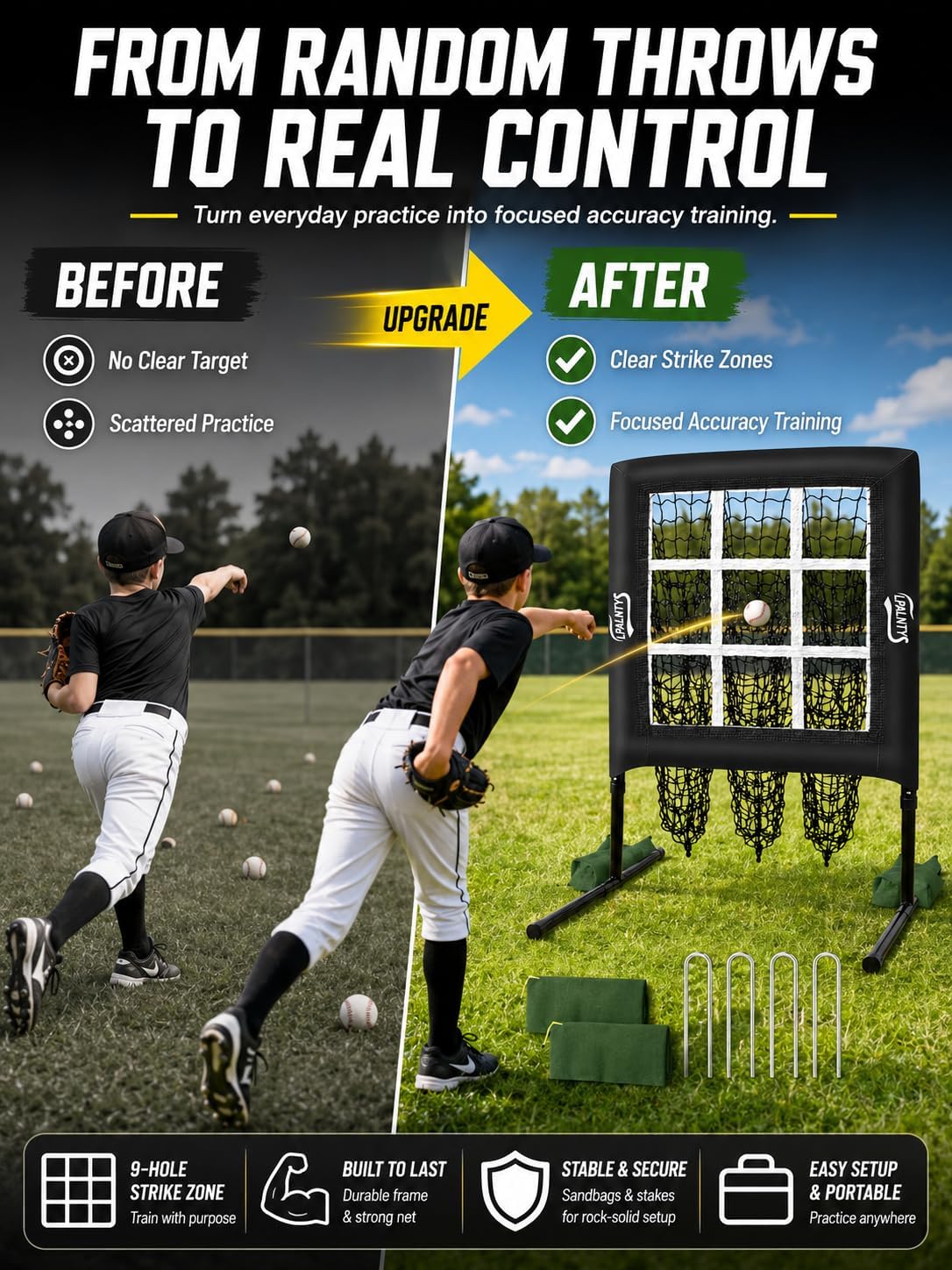 Baseball Pitching Net, 9 Hole Pitching Target Net with Strike Zone, 5 Height Adjustable Throwing Trainer, Heavy Duty Baseball Softball Net with Carry Bag for Solo Practice