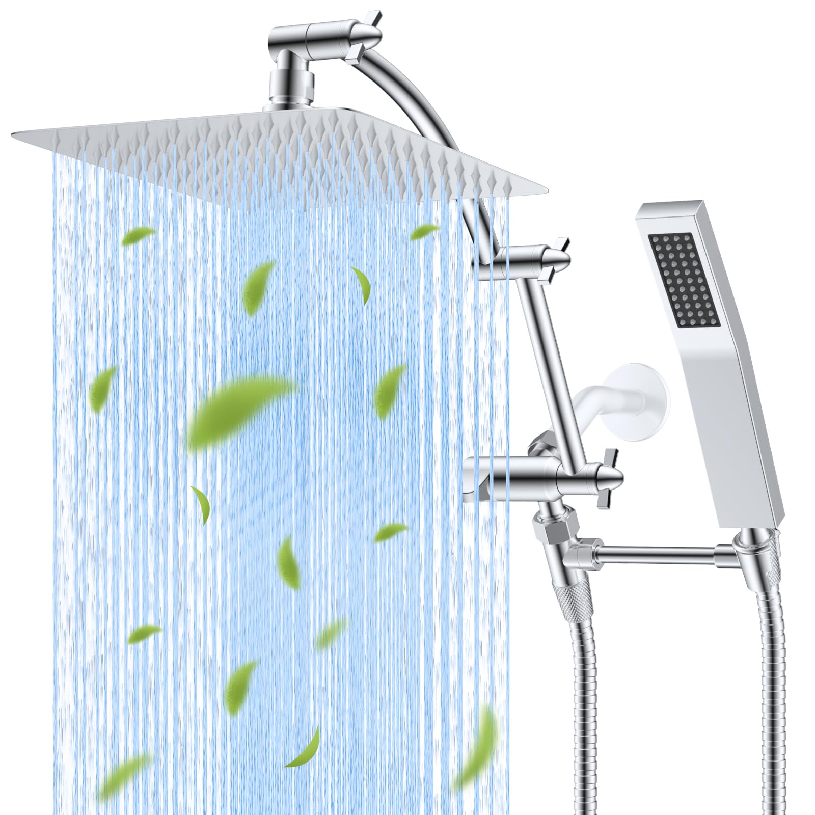 Hibbent All Metal 10'' Rainfall Shower Head, Dual Shower Head Combo, High Pressure Handheld Shower Wand, 16'' Adjustable Arc-shaped Shower Extension Arm, 71'' Hose, Showerhead Holder, Chrome