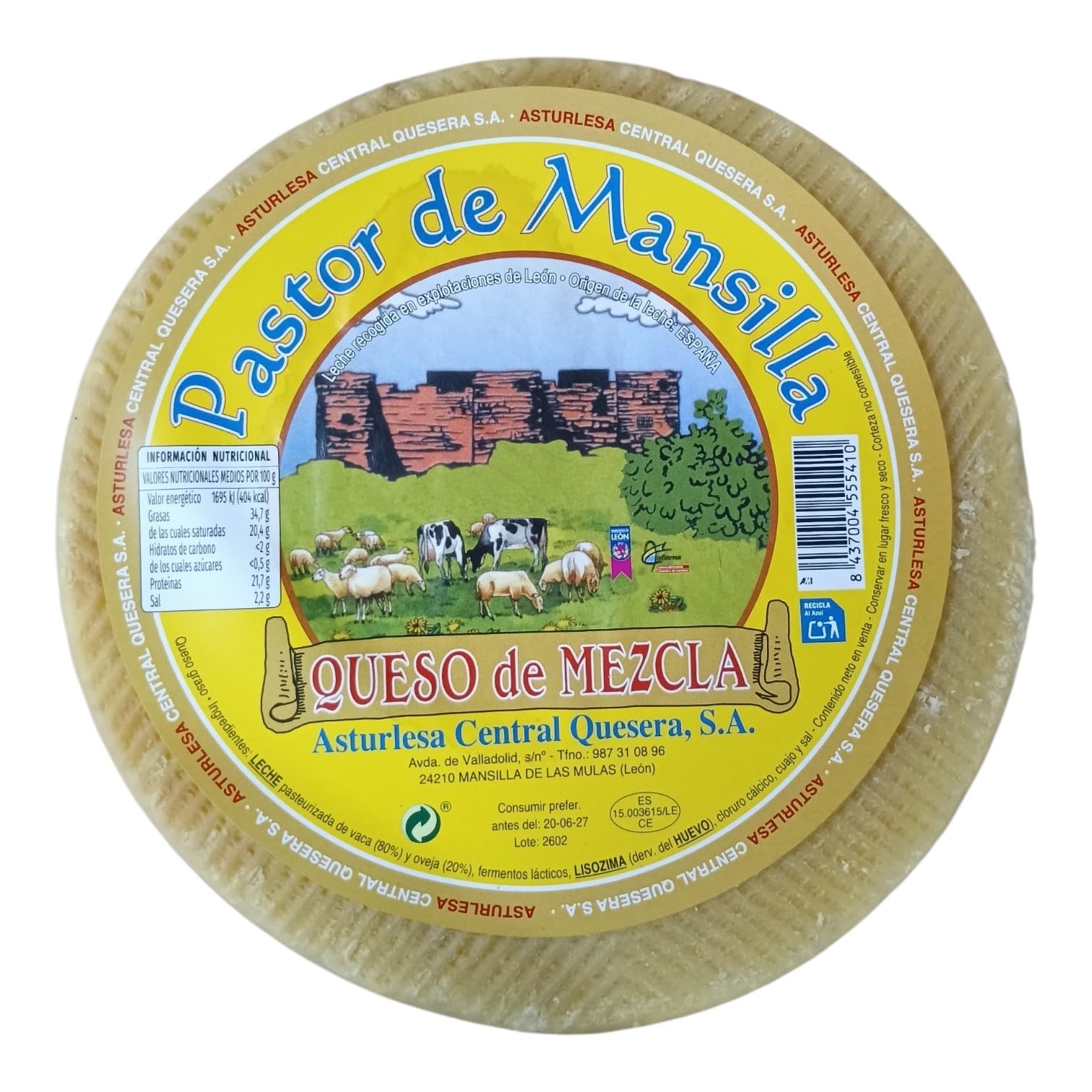 Queso Mezcla Semi Curado Pastor de Mansilla 2,8kg (Aprox.)| Pasta Blanca Amarillenta y Textura Compacta | Sabor Equilibrado y Olor Suave | Ideal Tapas y Hostelería